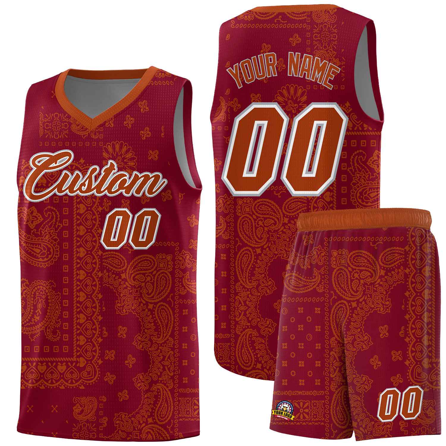Custom Crimson Basketball Kits With Texas Orange Cashew Flower Print Pattern