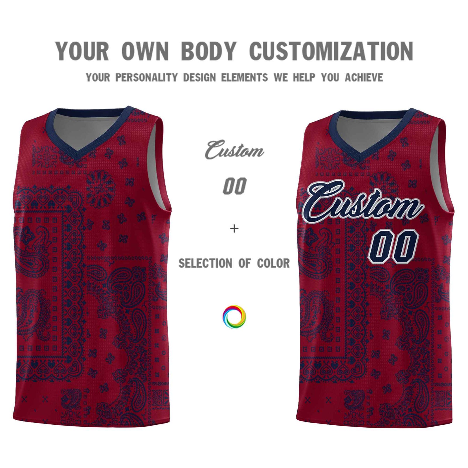 Custom Crimson Basketball Kits With Navy Cashew Flower Print Pattern