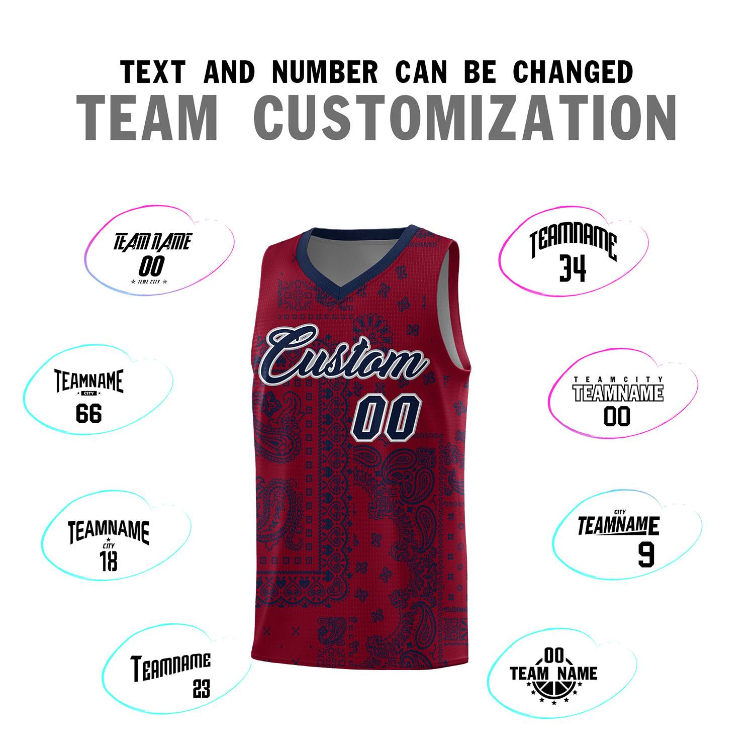 Custom Crimson Basketball Kits With Navy Cashew Flower Print Pattern