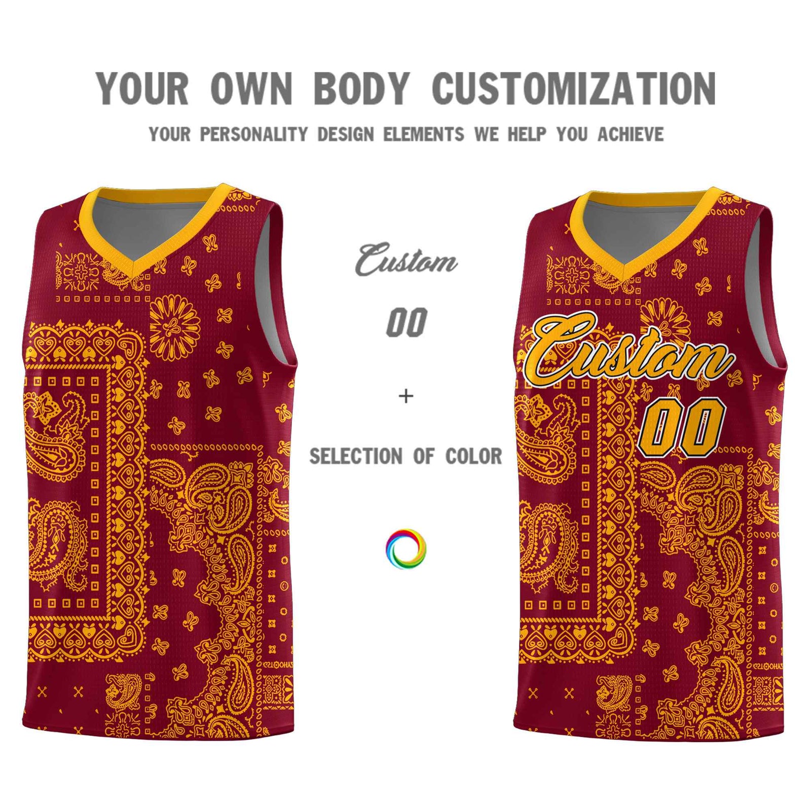 Custom Crimson Basketball Kits With Royal Cashew Flower Print Pattern