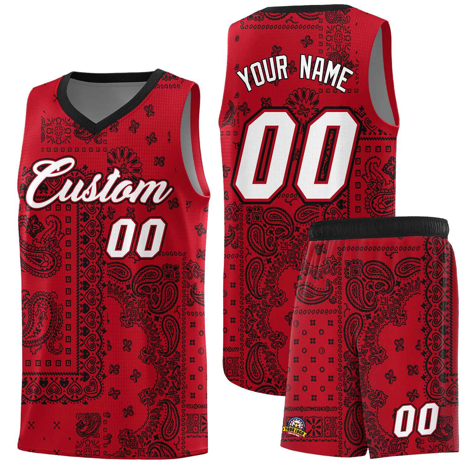 Custom Red Basketball Kits With Black Cashew Flower Print Pattern