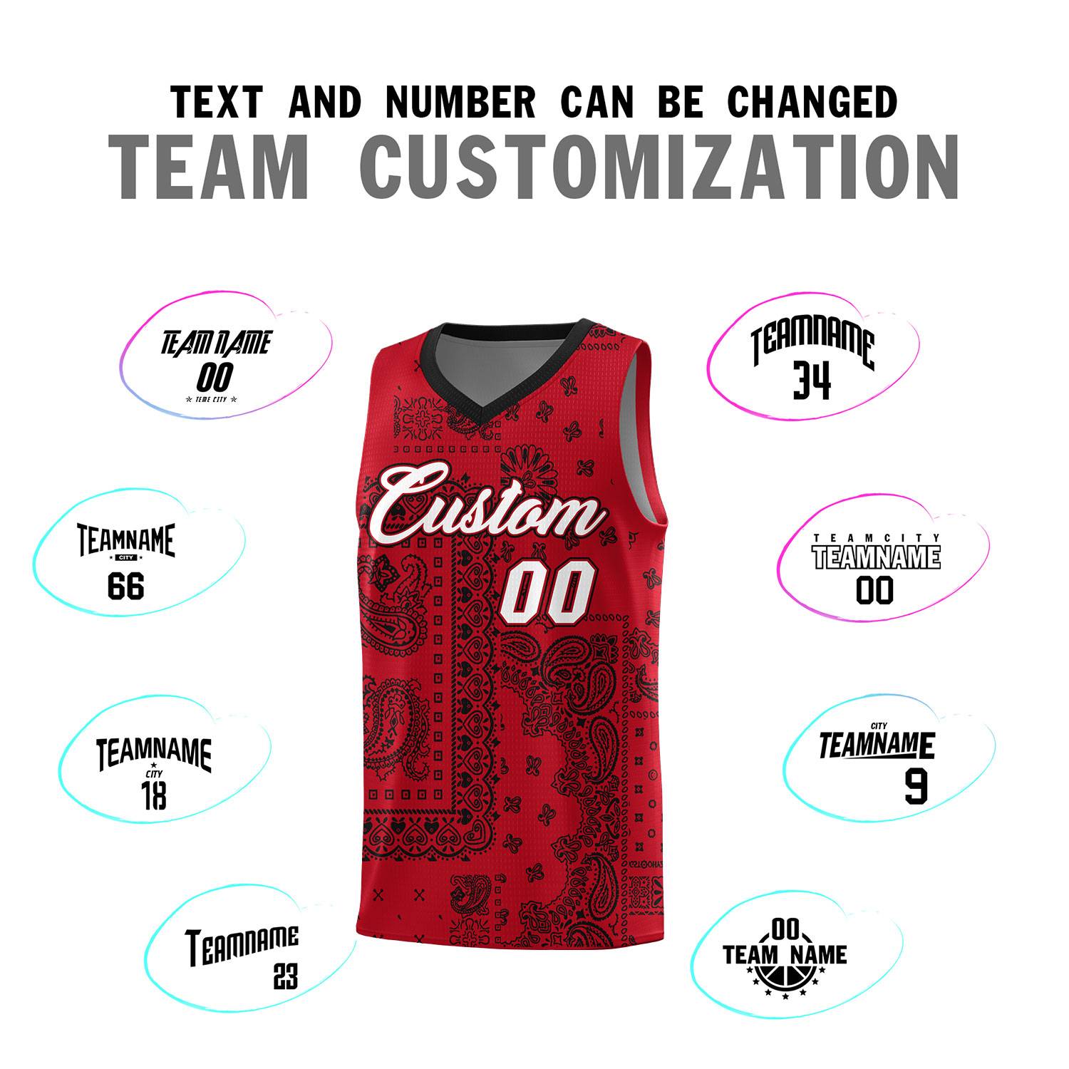 Custom Red Basketball Kits With Black Cashew Flower Print Pattern