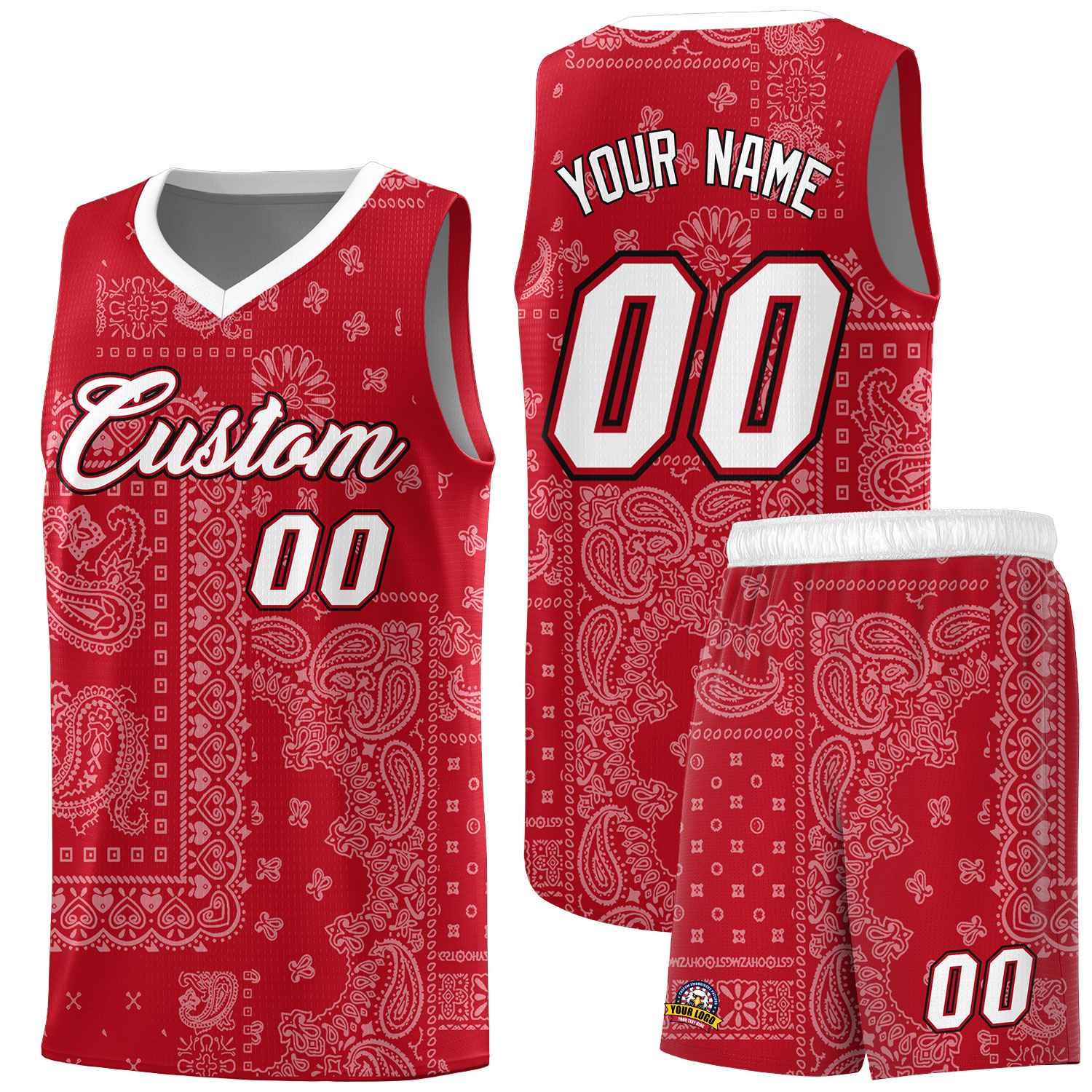 Custom Red Basketball Kits With White Cashew Flower Print Pattern