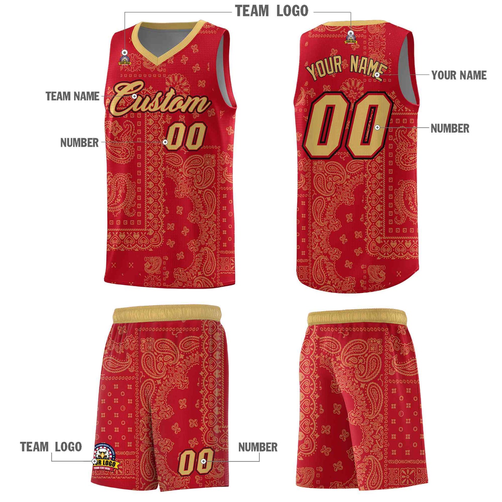Custom Red Basketball Kits With Old Gold Cashew Flower Print Pattern