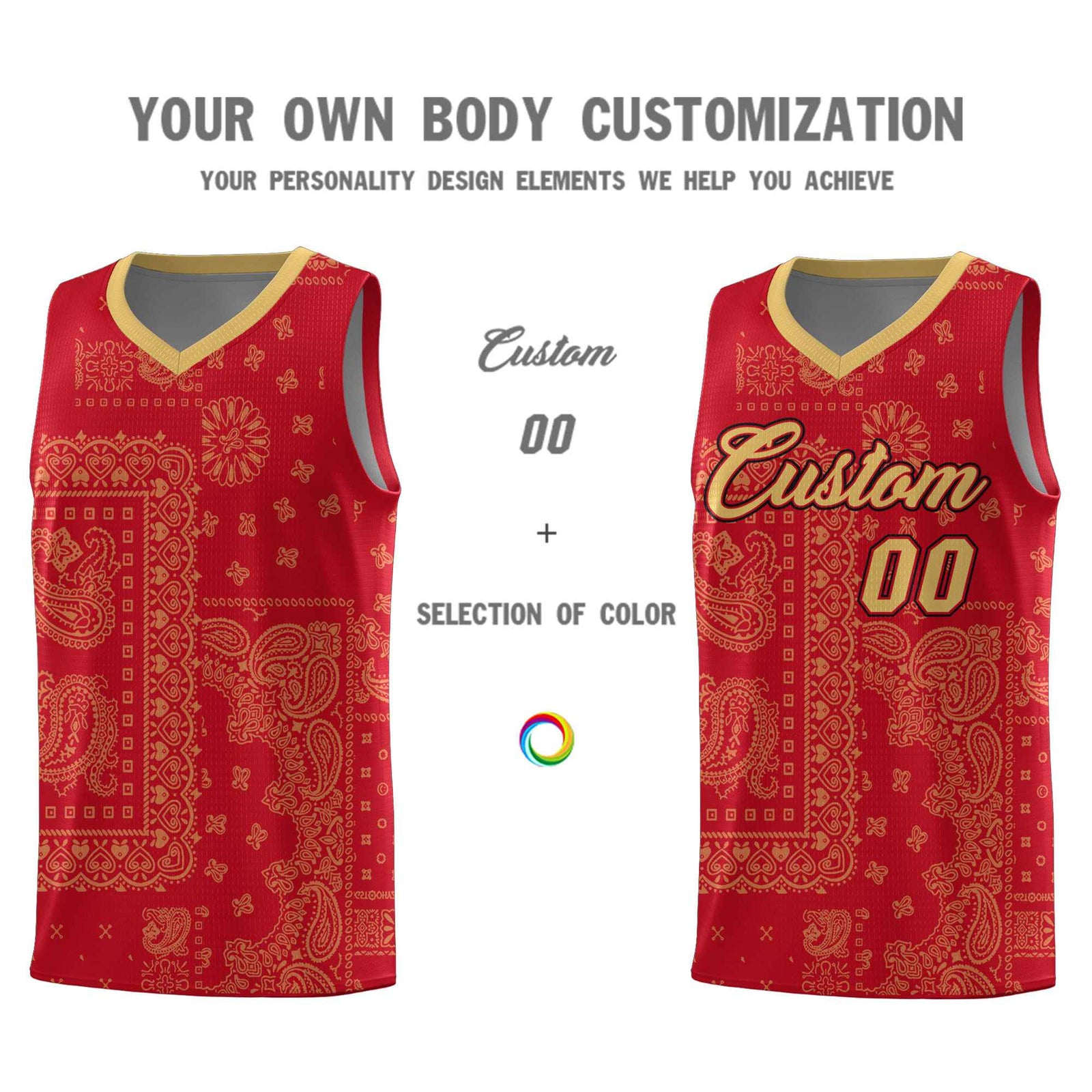 Custom Red Basketball Kits With Old Gold Cashew Flower Print Pattern