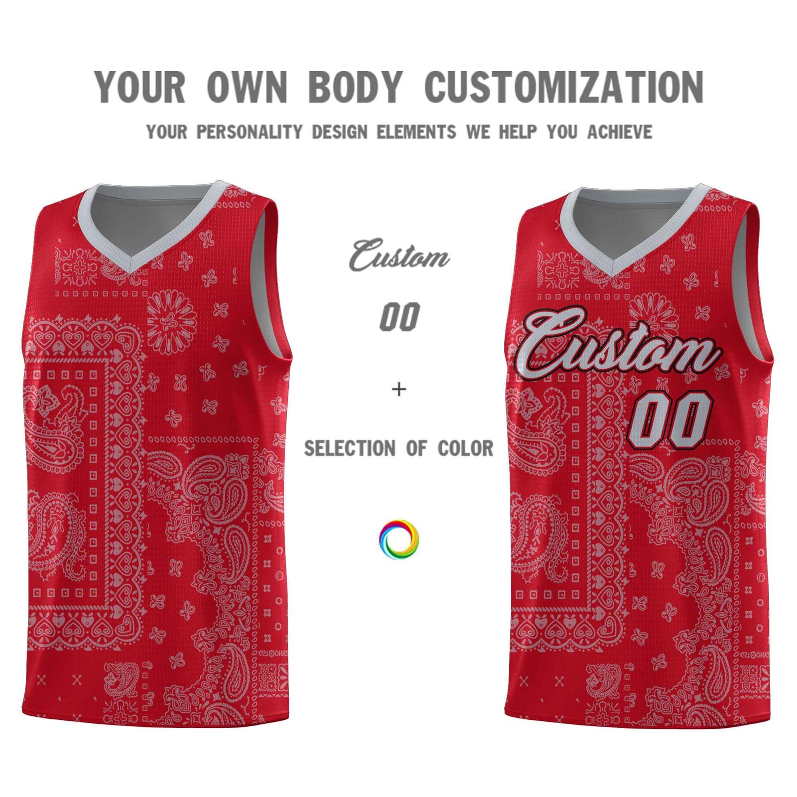 Custom Red Basketball Kits With Silver Gray Cashew Flower Print Pattern