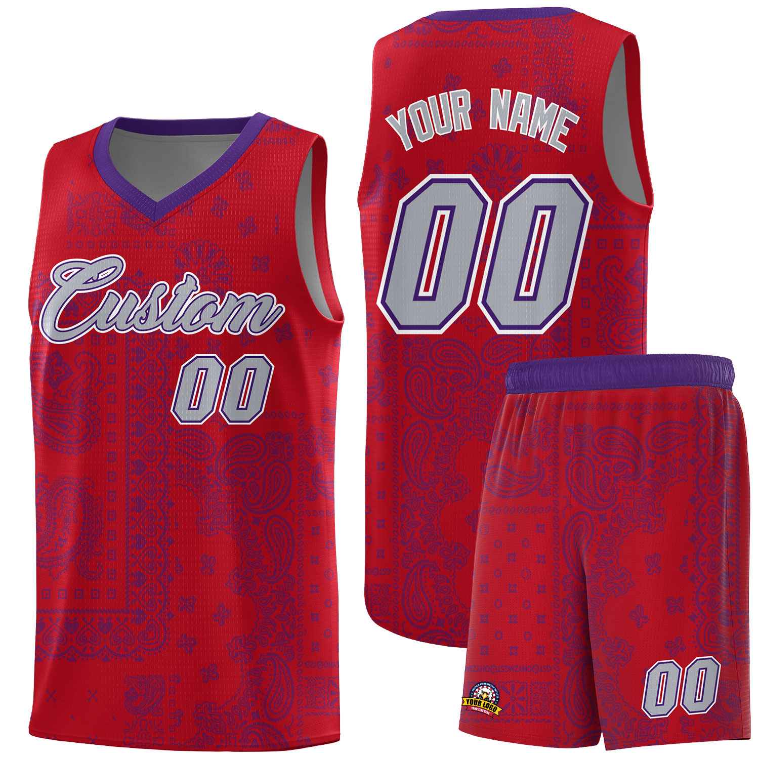 Custom Red Basketball Kits With Purple Cashew Flower Print Pattern