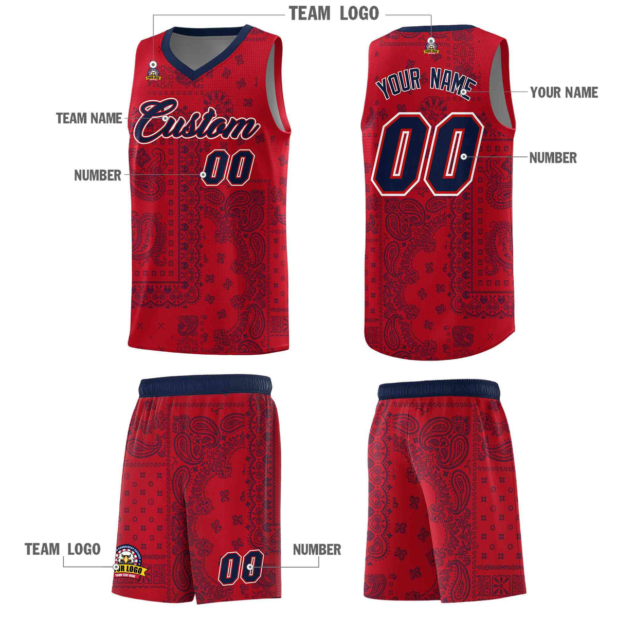 Custom Red Basketball Kits With Navy Cashew Flower Print Pattern