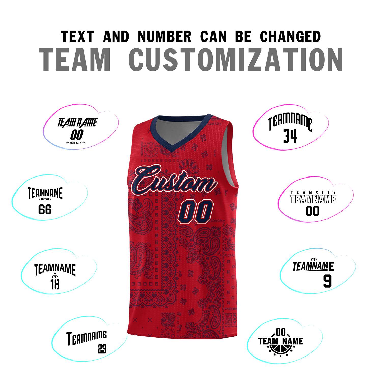 Custom Red Basketball Kits With Navy Cashew Flower Print Pattern