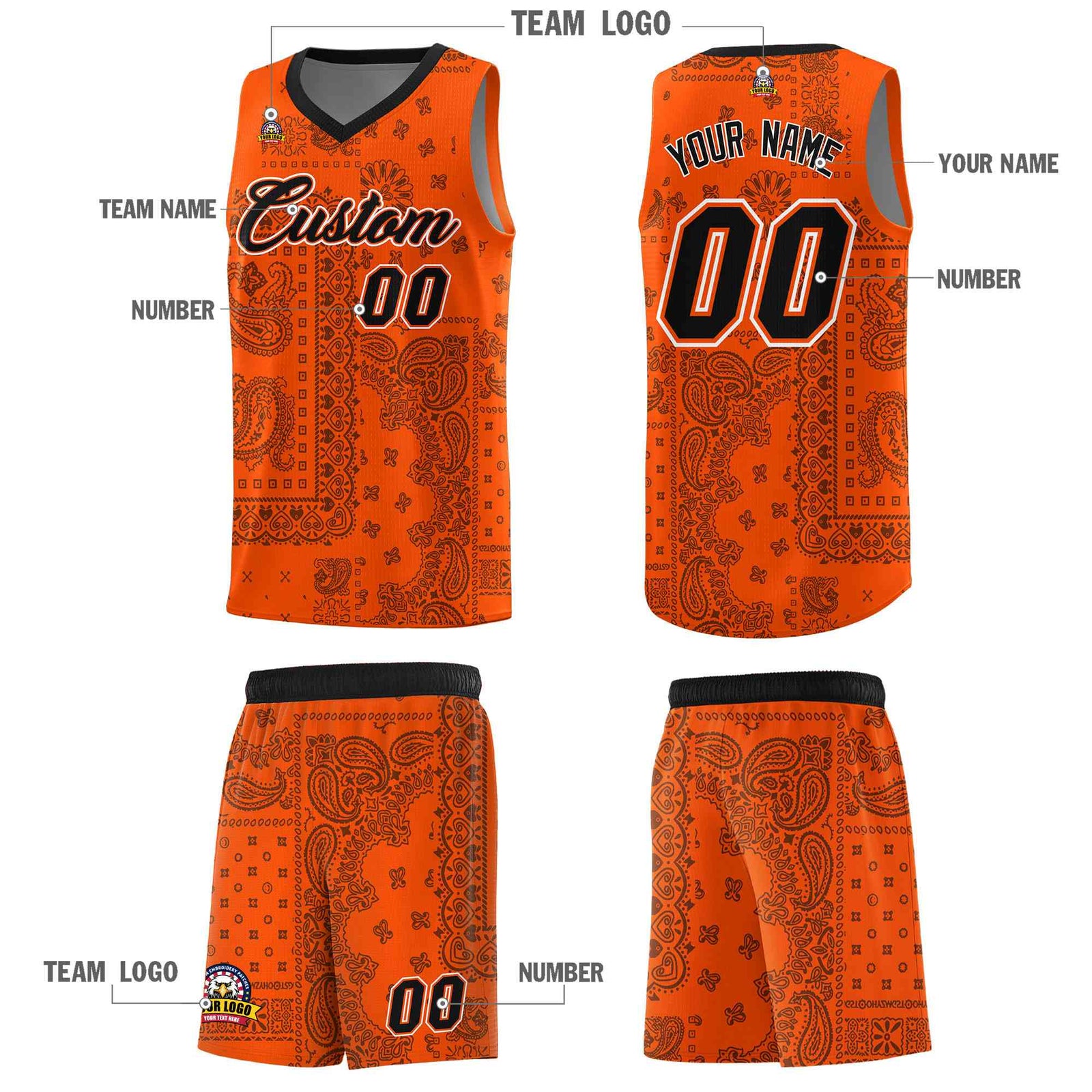 Custom Orange Basketball Kits With Black Cashew Flower Print Pattern