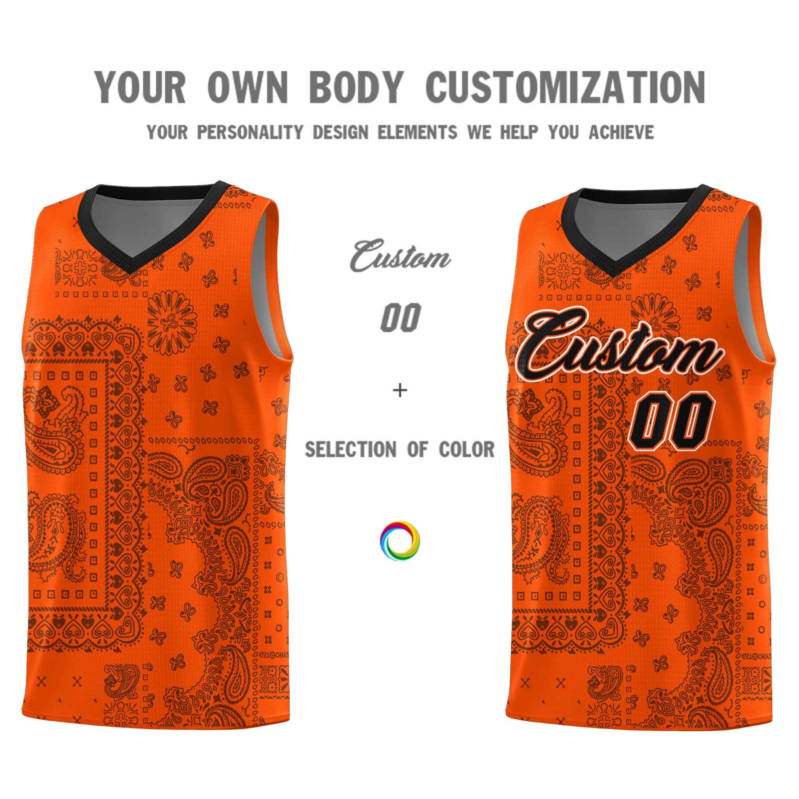 Custom Orange Basketball Kits With Black Cashew Flower Print Pattern