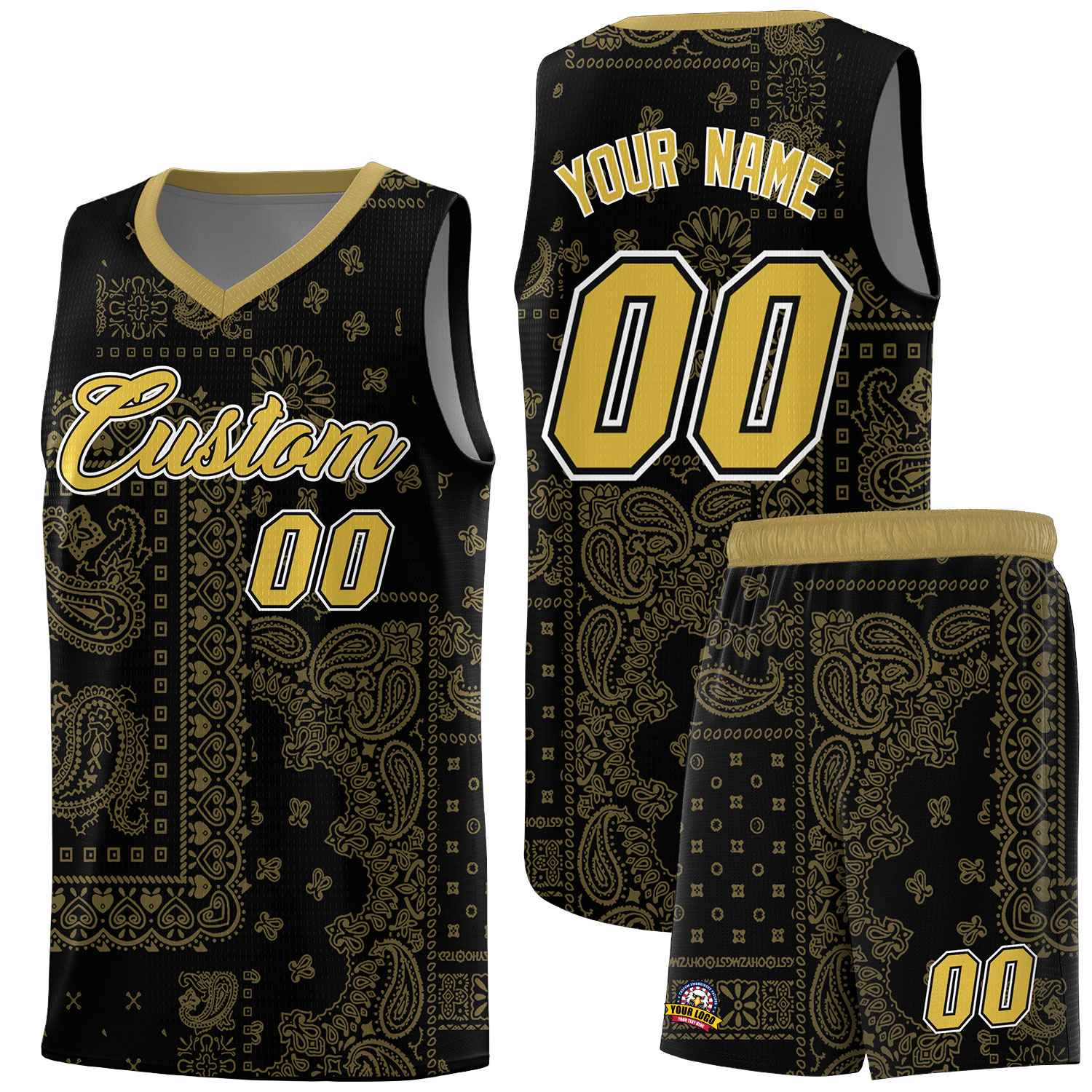 Custom Black Basketball Kits With Old Gold Cashew Flower Print Pattern