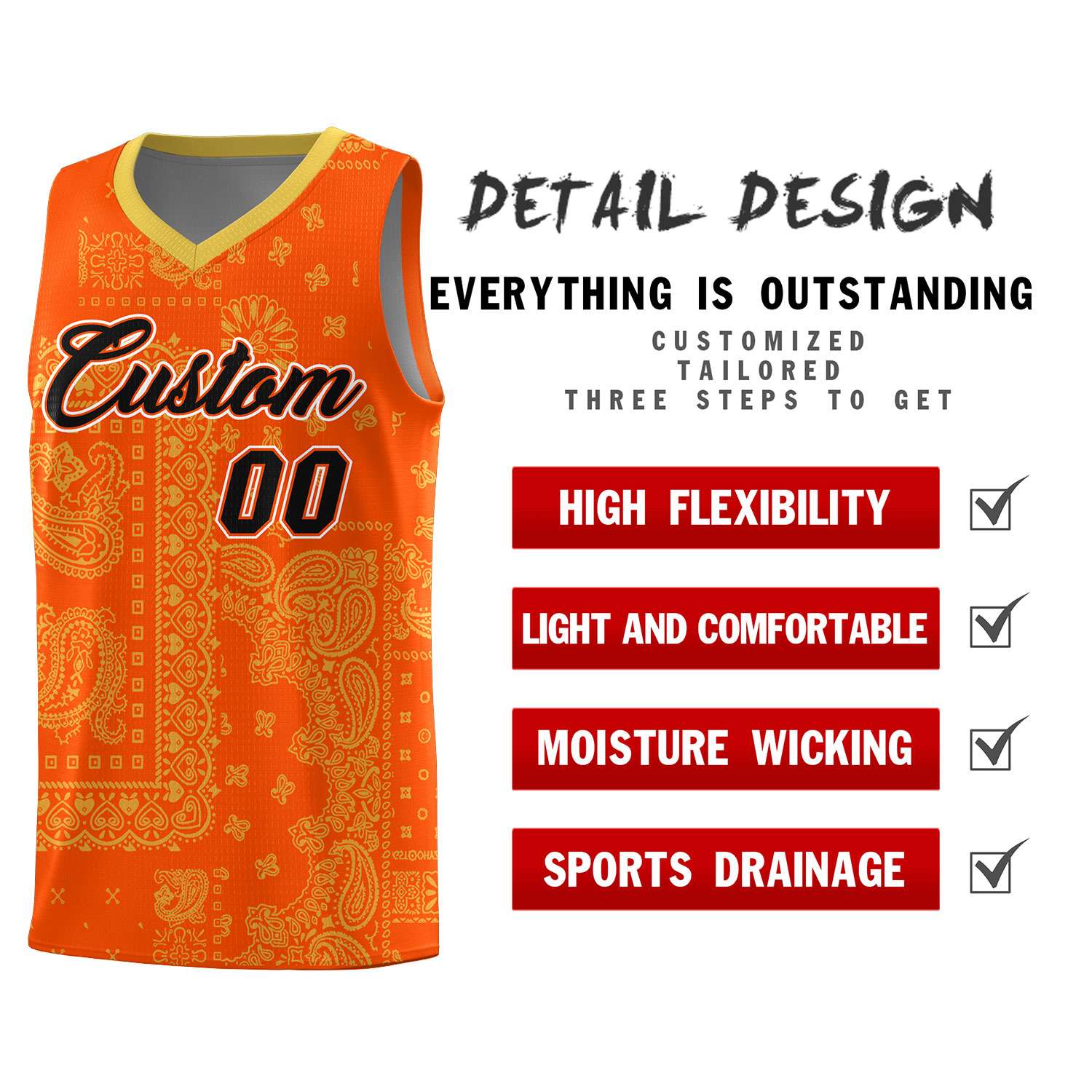 Custom Orange Basketball Kits With Old Gold Cashew Flower Print Pattern