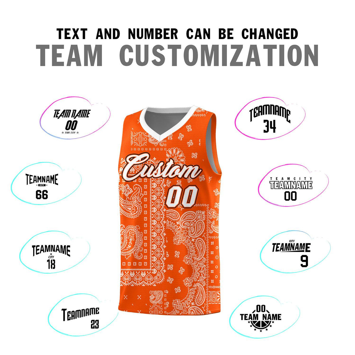Custom Orange Basketball Kits With White Cashew Flower Print Pattern
