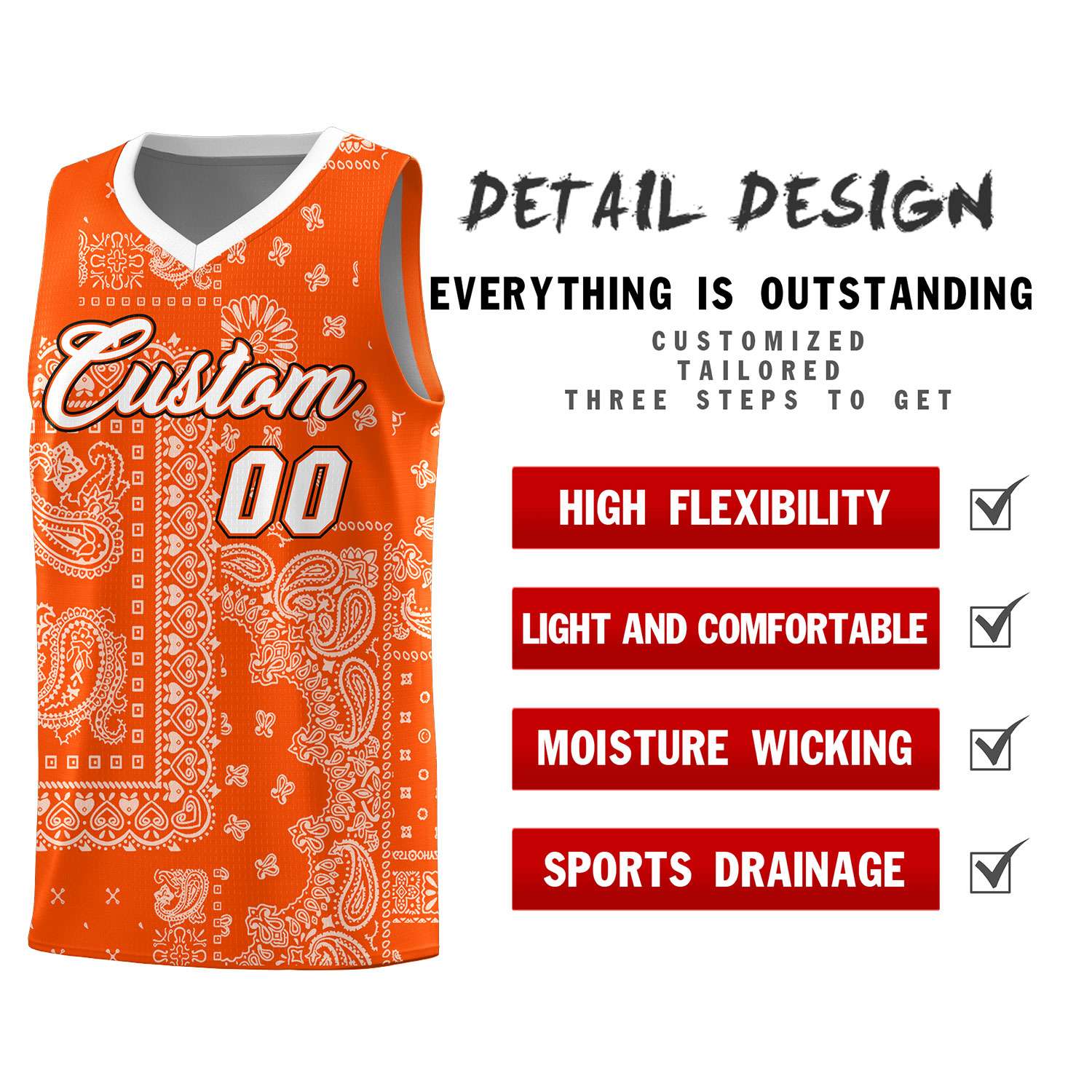 Custom Orange Basketball Kits With White Cashew Flower Print Pattern