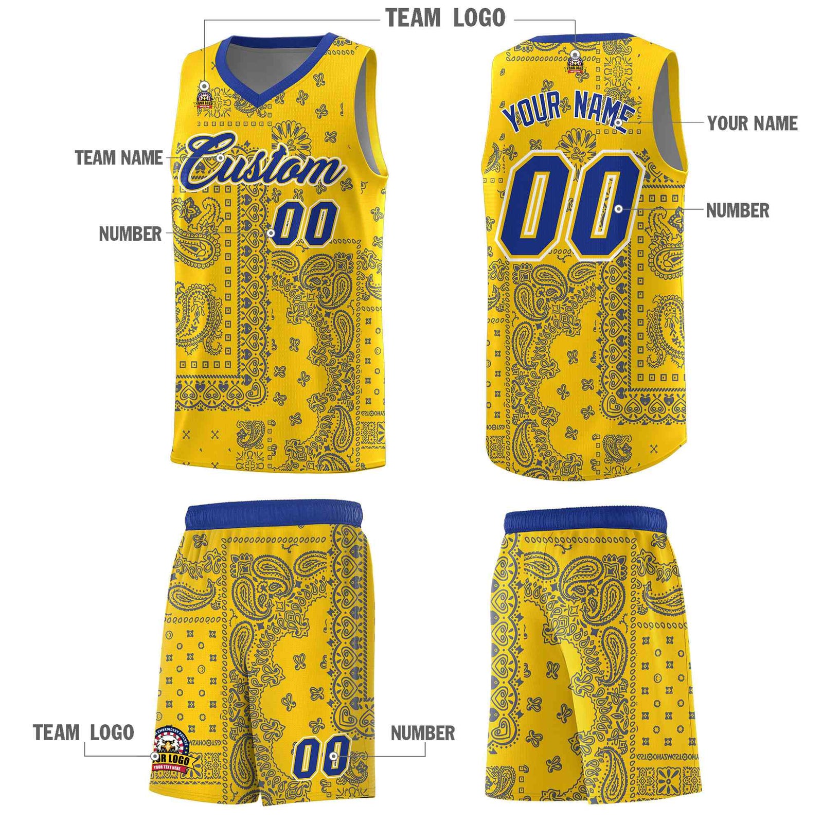 Custom Gold Basketball Kits With Royal Cashew Flower Print Pattern