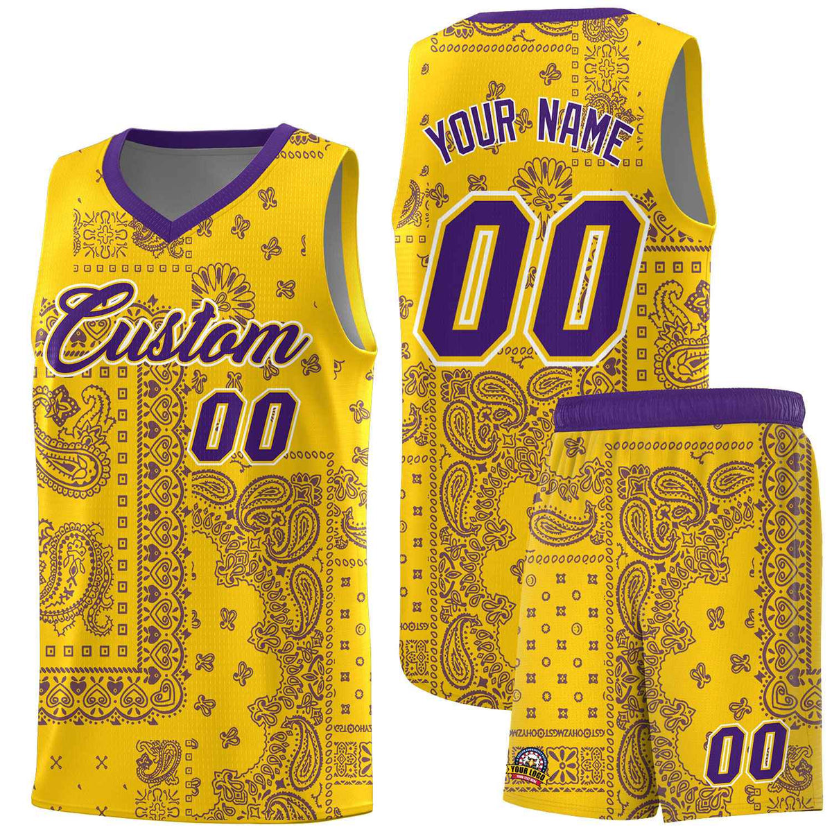 Custom Gold Basketball Kits With Purple Cashew Flower Print Pattern