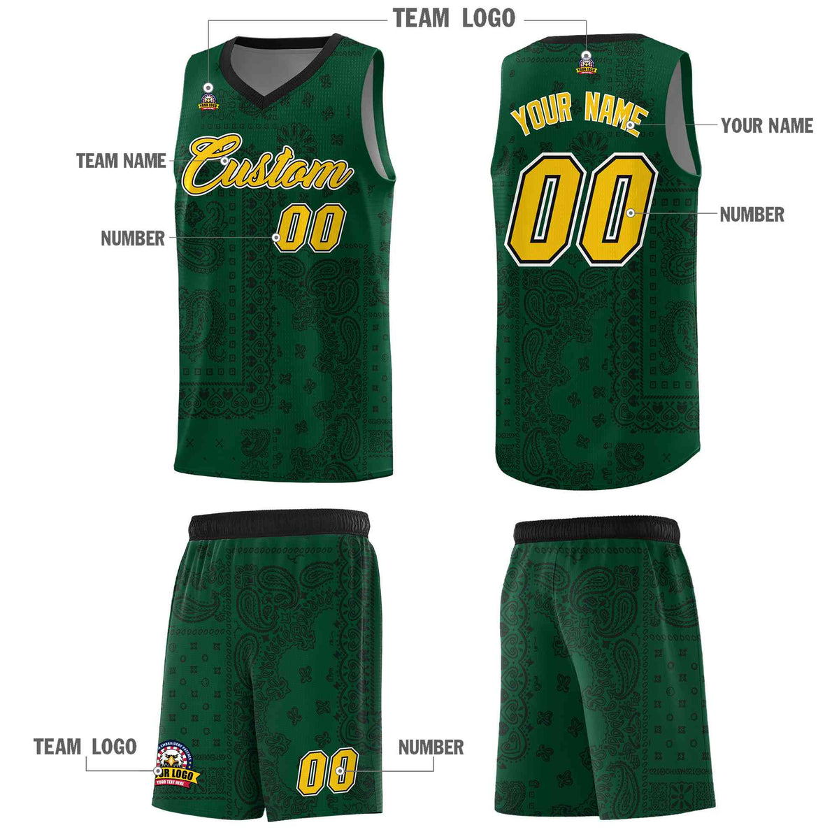 Custom Green Basketball Kits With Black Cashew Flower Print Pattern