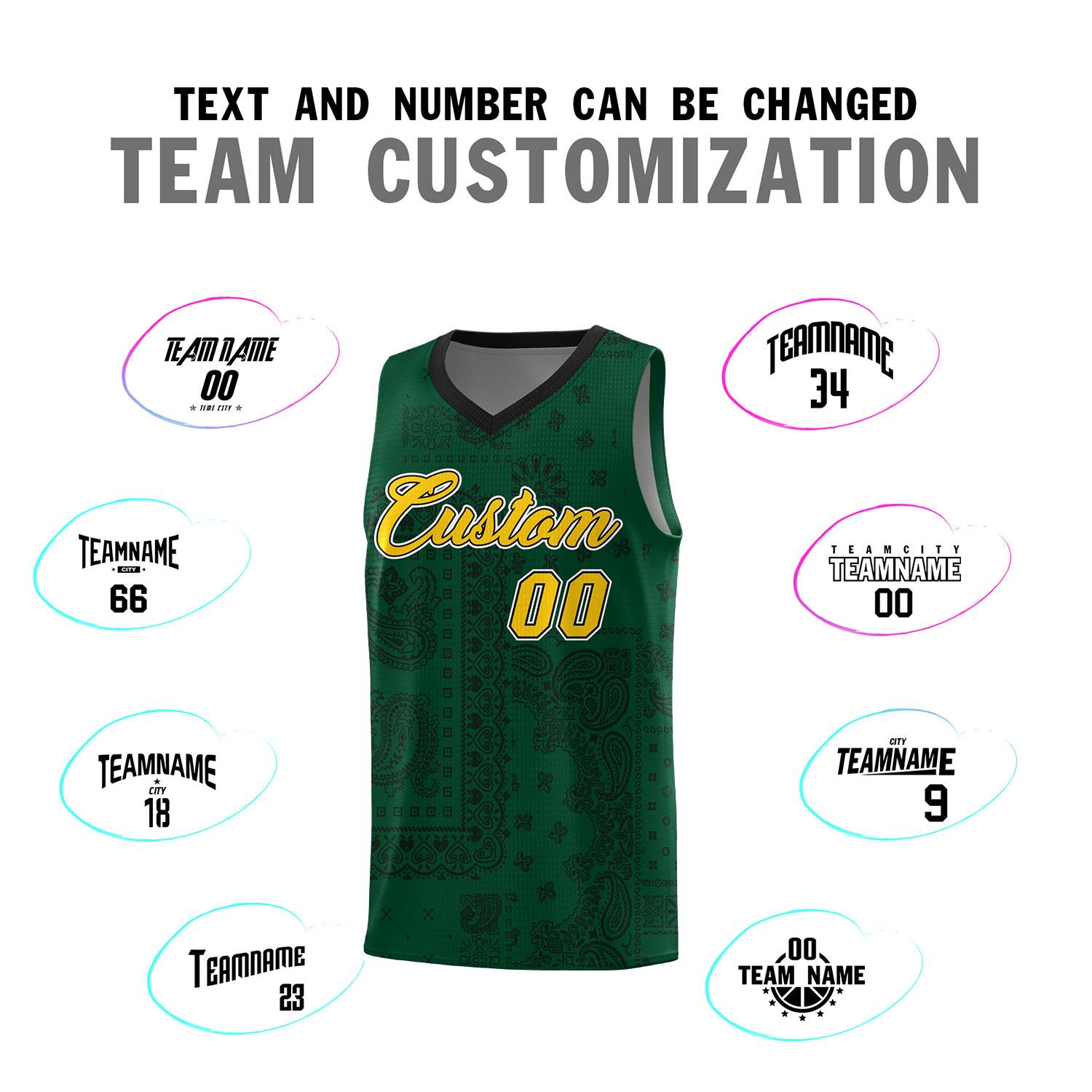 Custom Green Basketball Kits With Black Cashew Flower Print Pattern