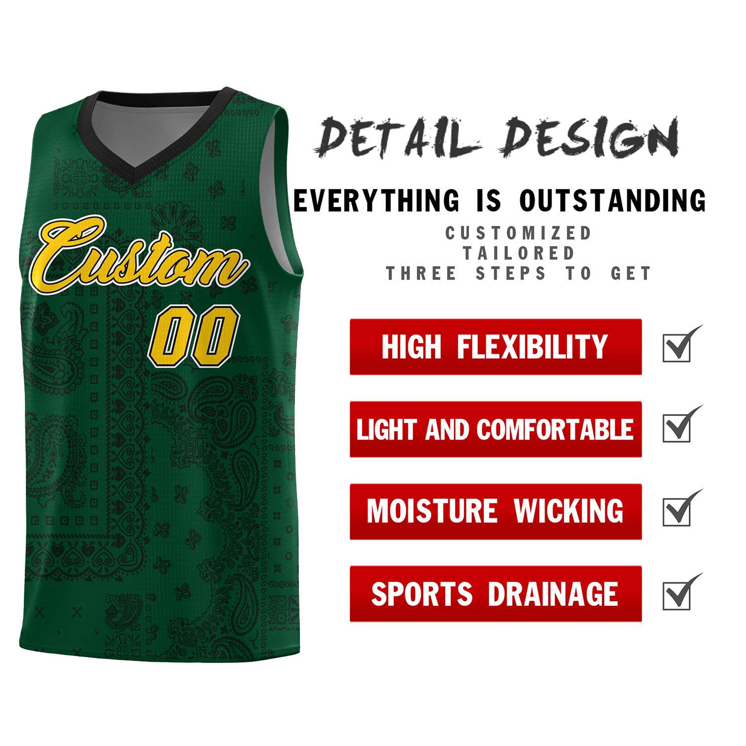 Custom Green Basketball Kits With Black Cashew Flower Print Pattern