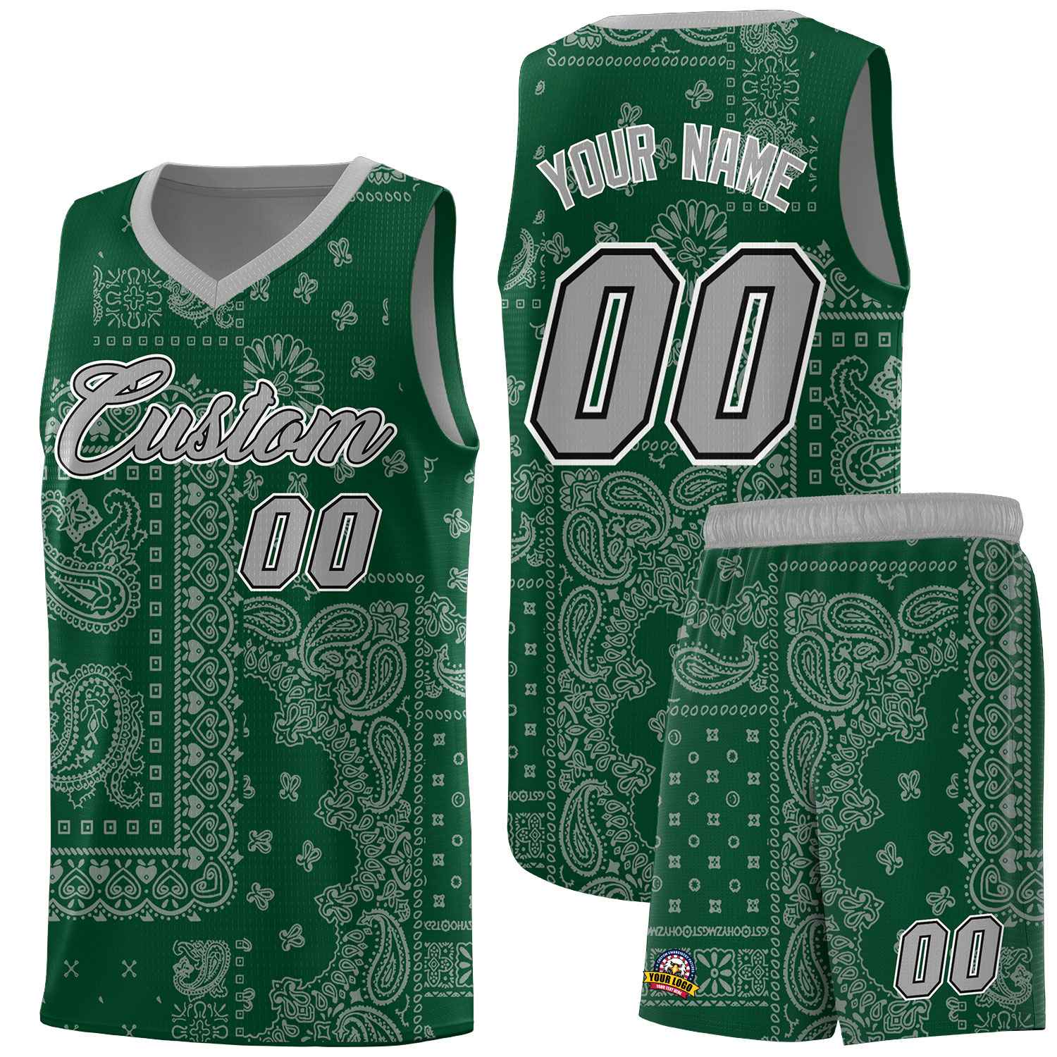 Custom Green Basketball Kits With Silver Gray Cashew Flower Print Pattern