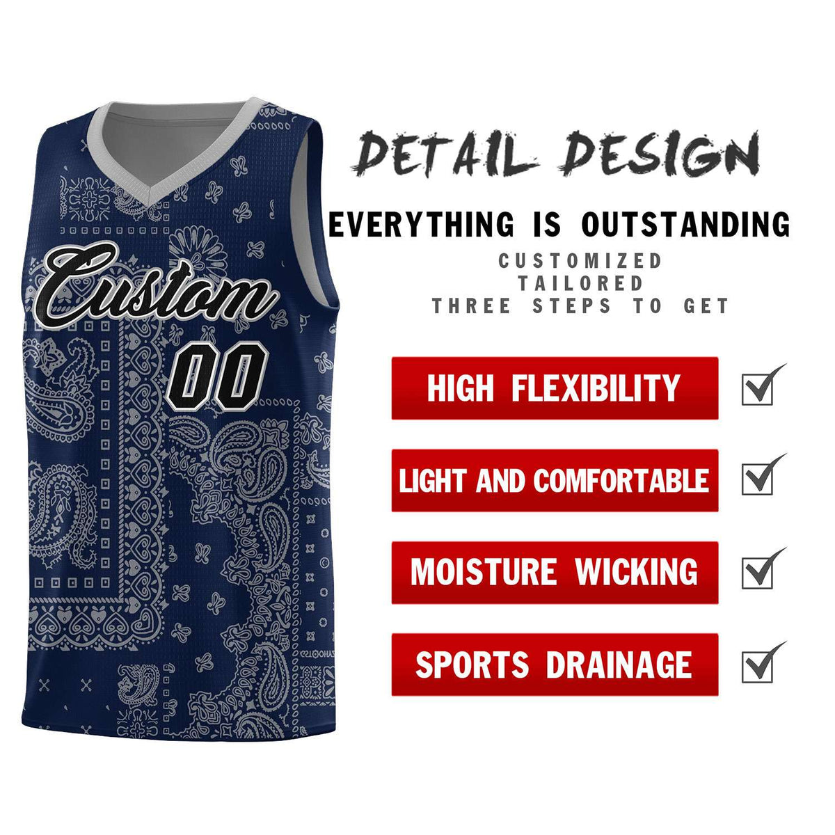 Custom Navy Basketball Kits With Silver Gray Cashew Flower Print Pattern