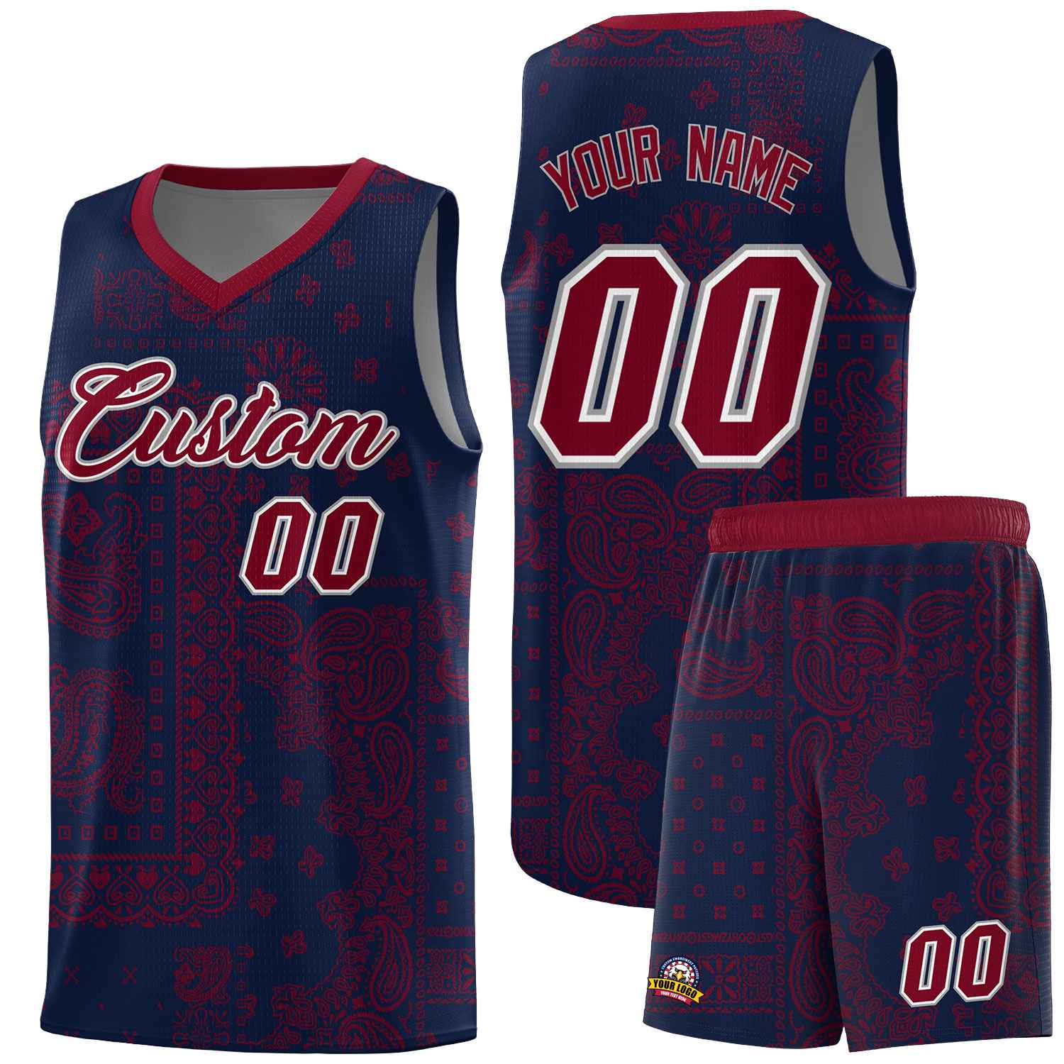 Custom Navy Basketball Kits With Crimson Cashew Flower Print Pattern