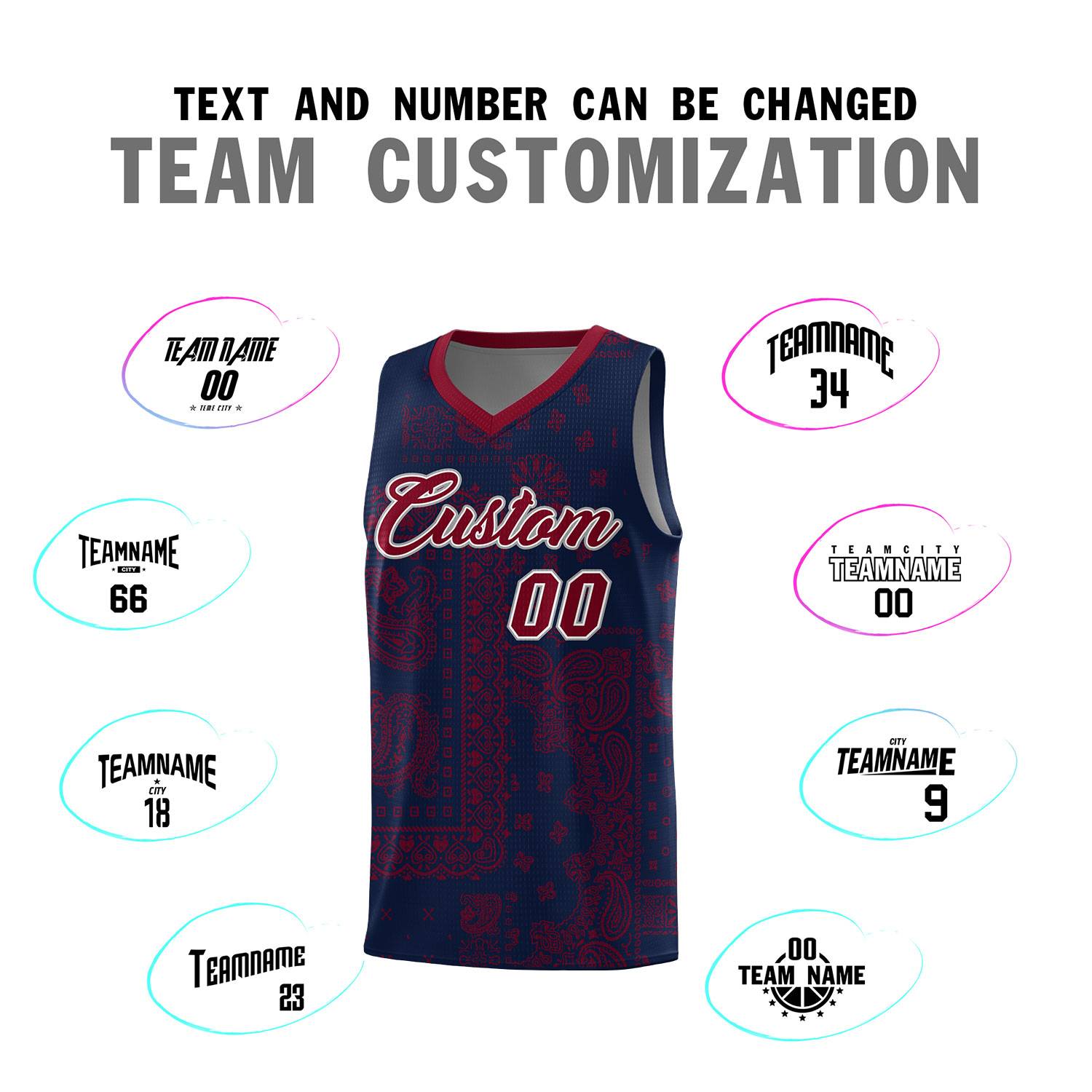 Custom Navy Basketball Kits With Crimson Cashew Flower Print Pattern