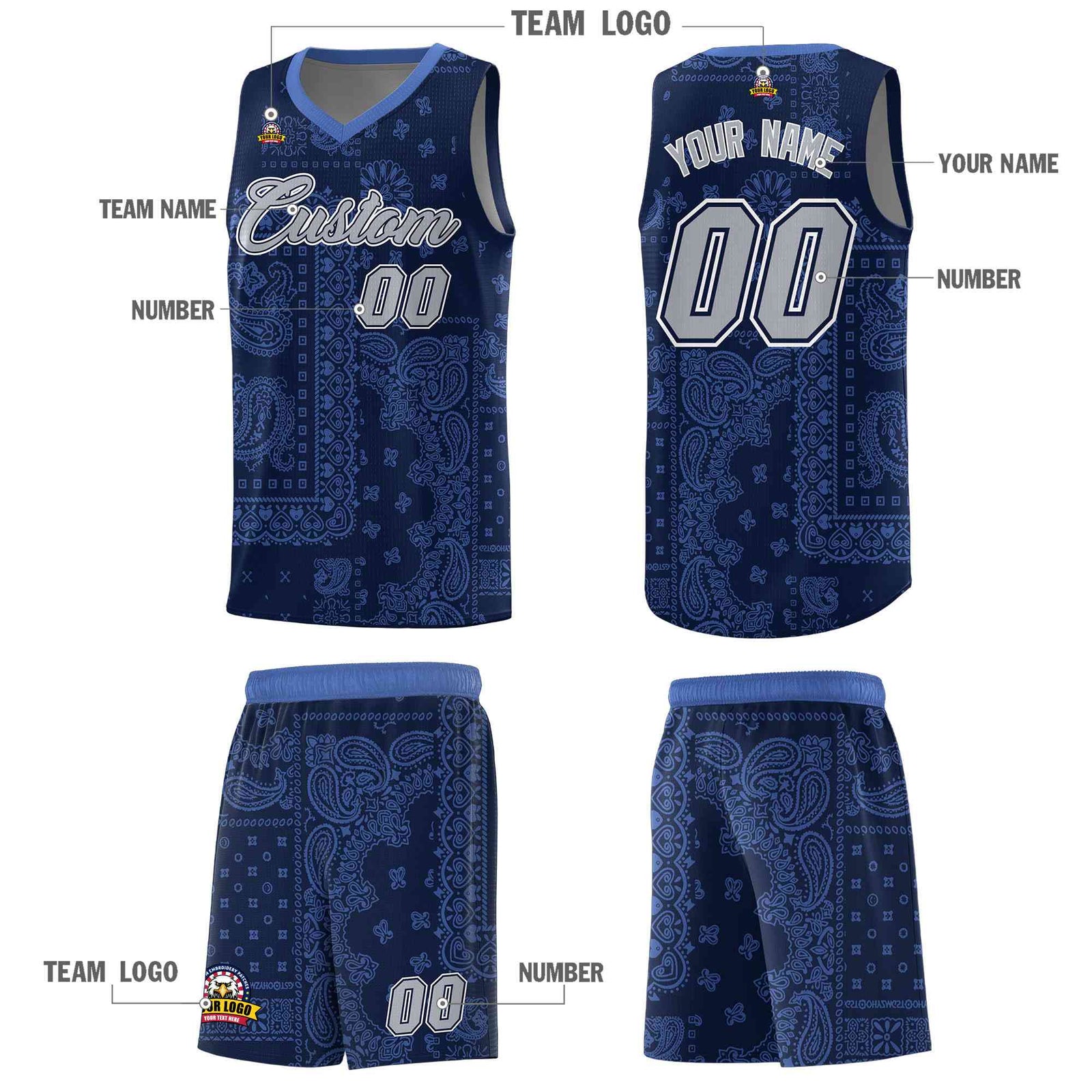 Custom Navy Basketball Kits With Light Blue Cashew Flower Print Pattern