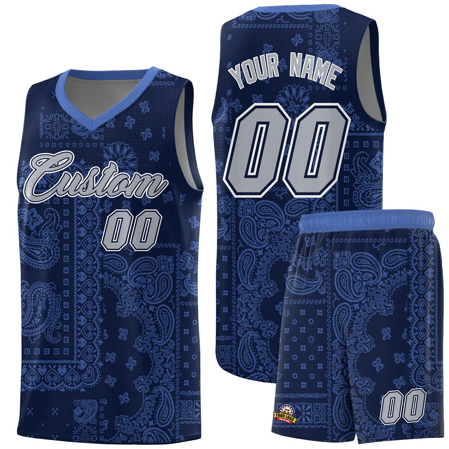 Custom Navy Basketball Kits With Light Blue Cashew Flower Print Pattern