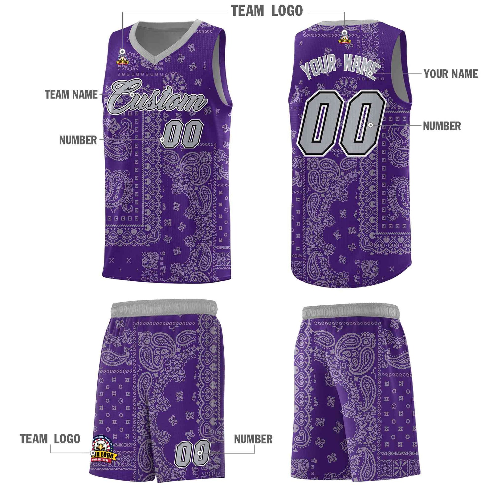 Custom Purple Basketball Kits With Gray Cashew Flower Print Pattern