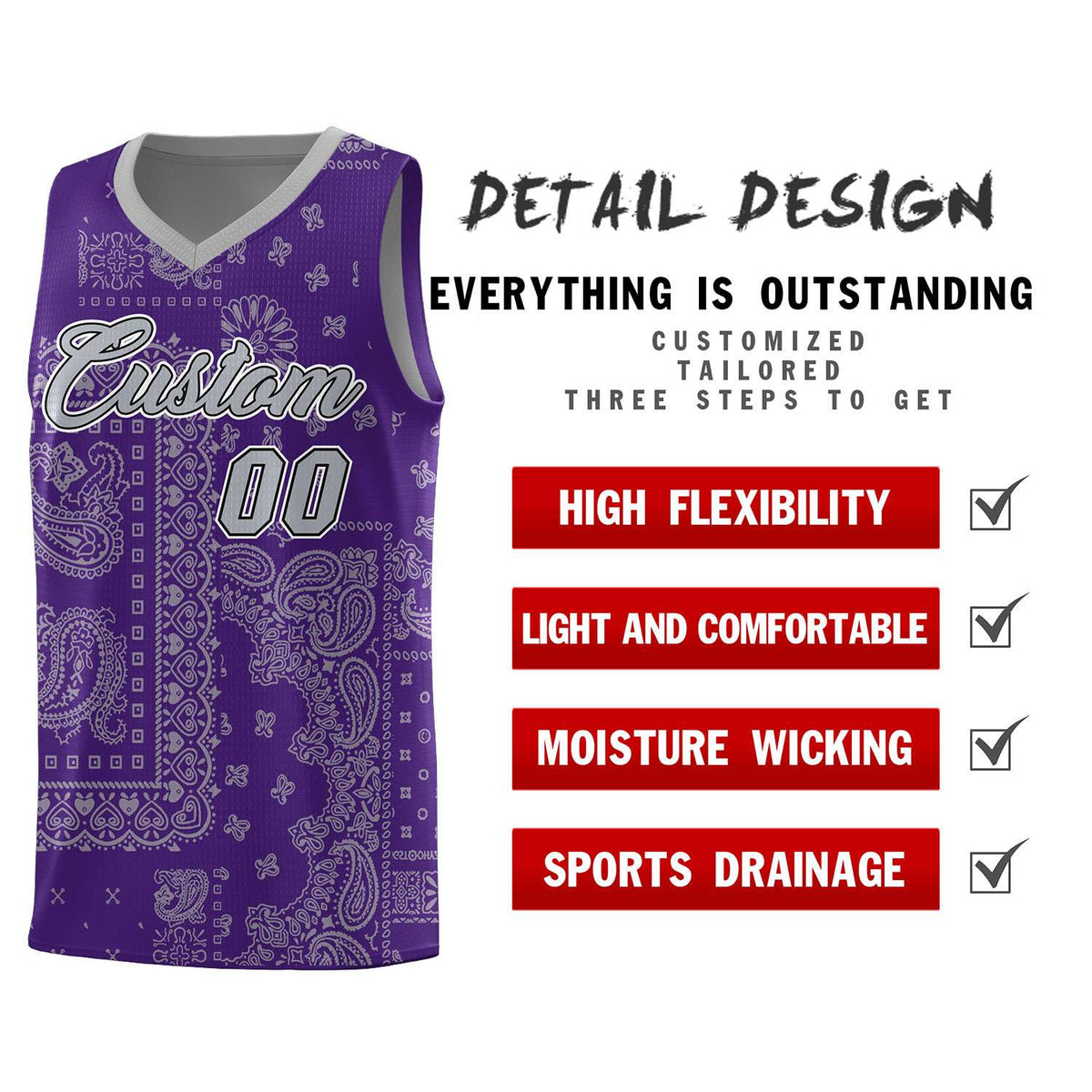 Custom Purple Basketball Kits With Gray Cashew Flower Print Pattern
