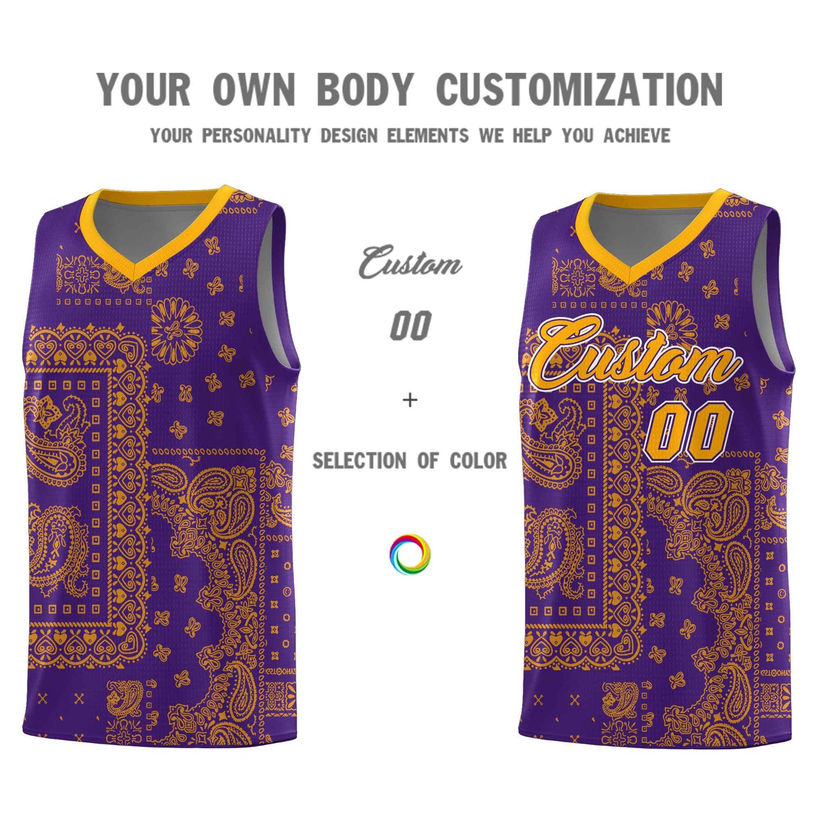 Custom Purple Basketball Kits With Yellow Cashew Flower Print Pattern