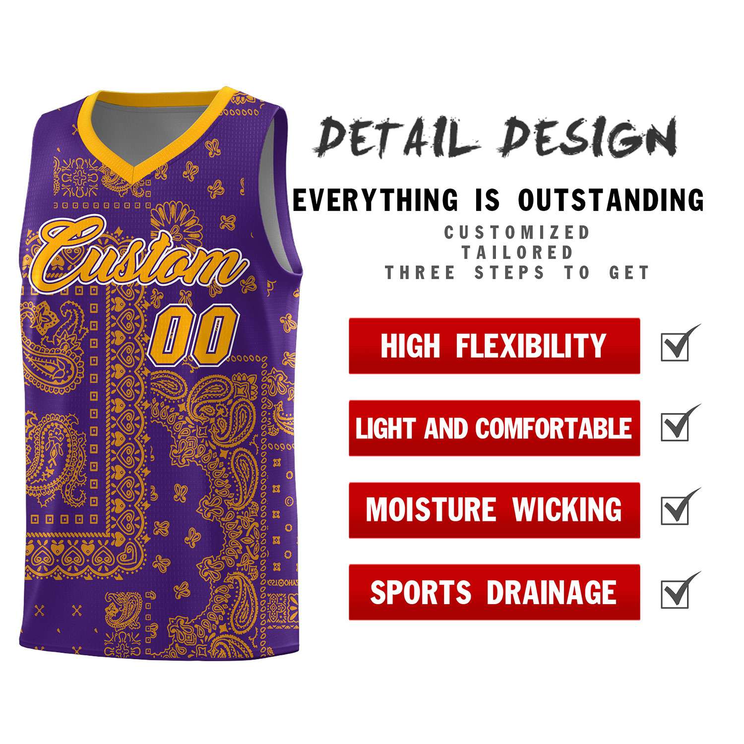 Custom Purple Basketball Kits With Yellow Cashew Flower Print Pattern