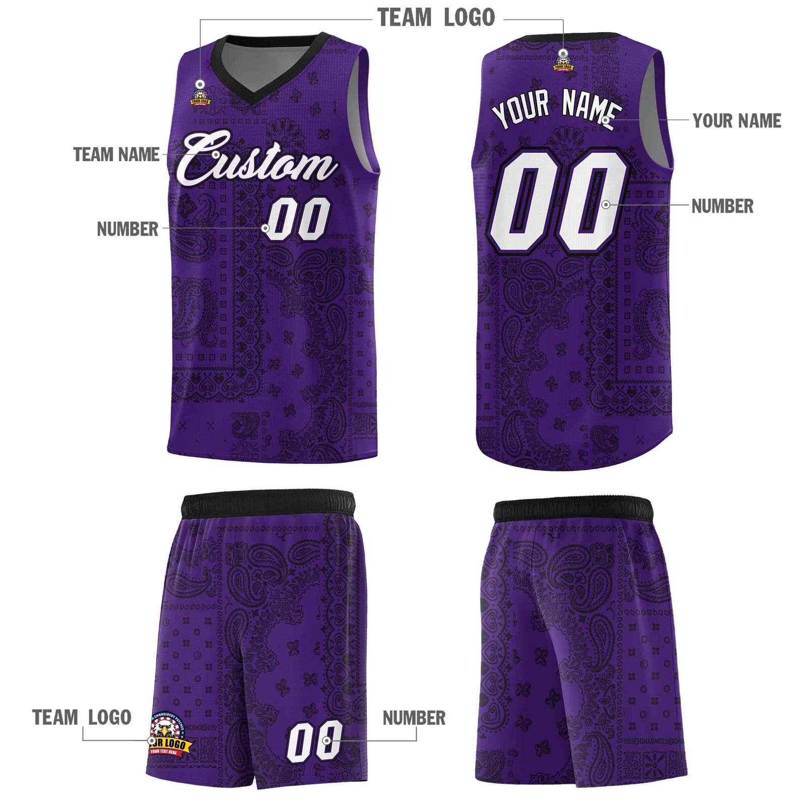 Custom Purple Basketball Kits With Black Cashew Flower Print Pattern