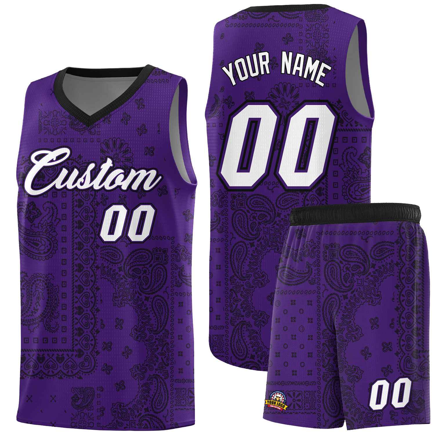 Custom Purple Basketball Kits With Black Cashew Flower Print Pattern