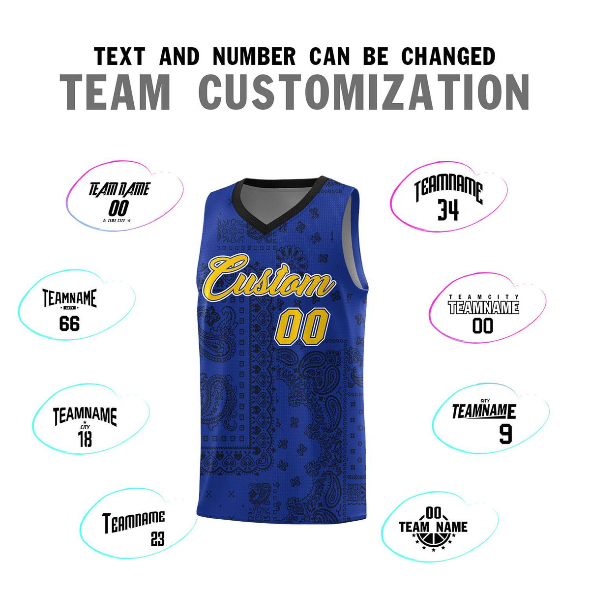 Custom Royal Basketball Kits With Black Cashew Flower Print Pattern