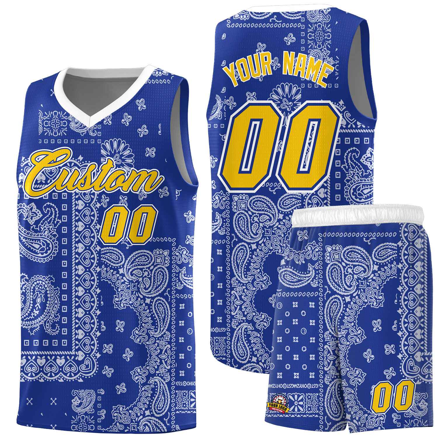 Custom Royal Basketball Kits With White Cashew Flower Print Pattern