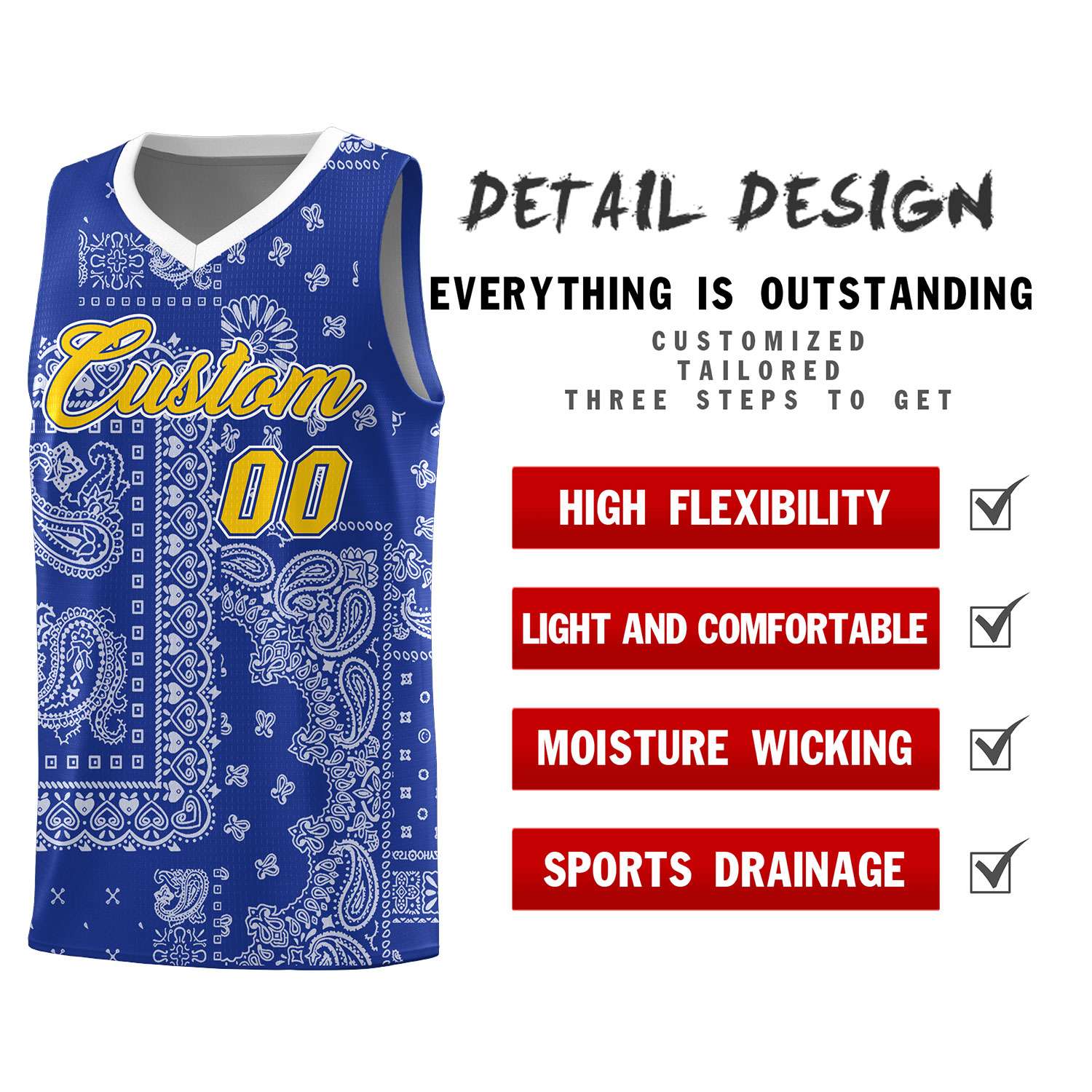 Custom Royal Basketball Kits With White Cashew Flower Print Pattern