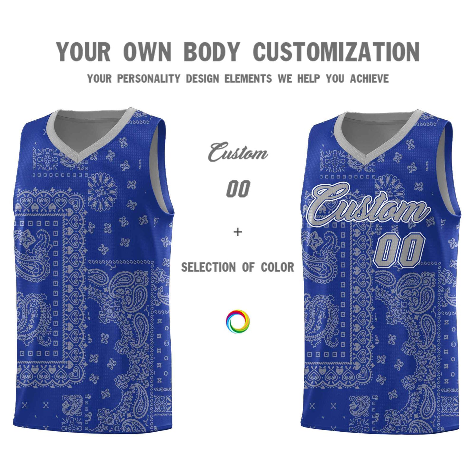 Custom Royal Basketball Kits With Silver Cashew Flower Print Pattern