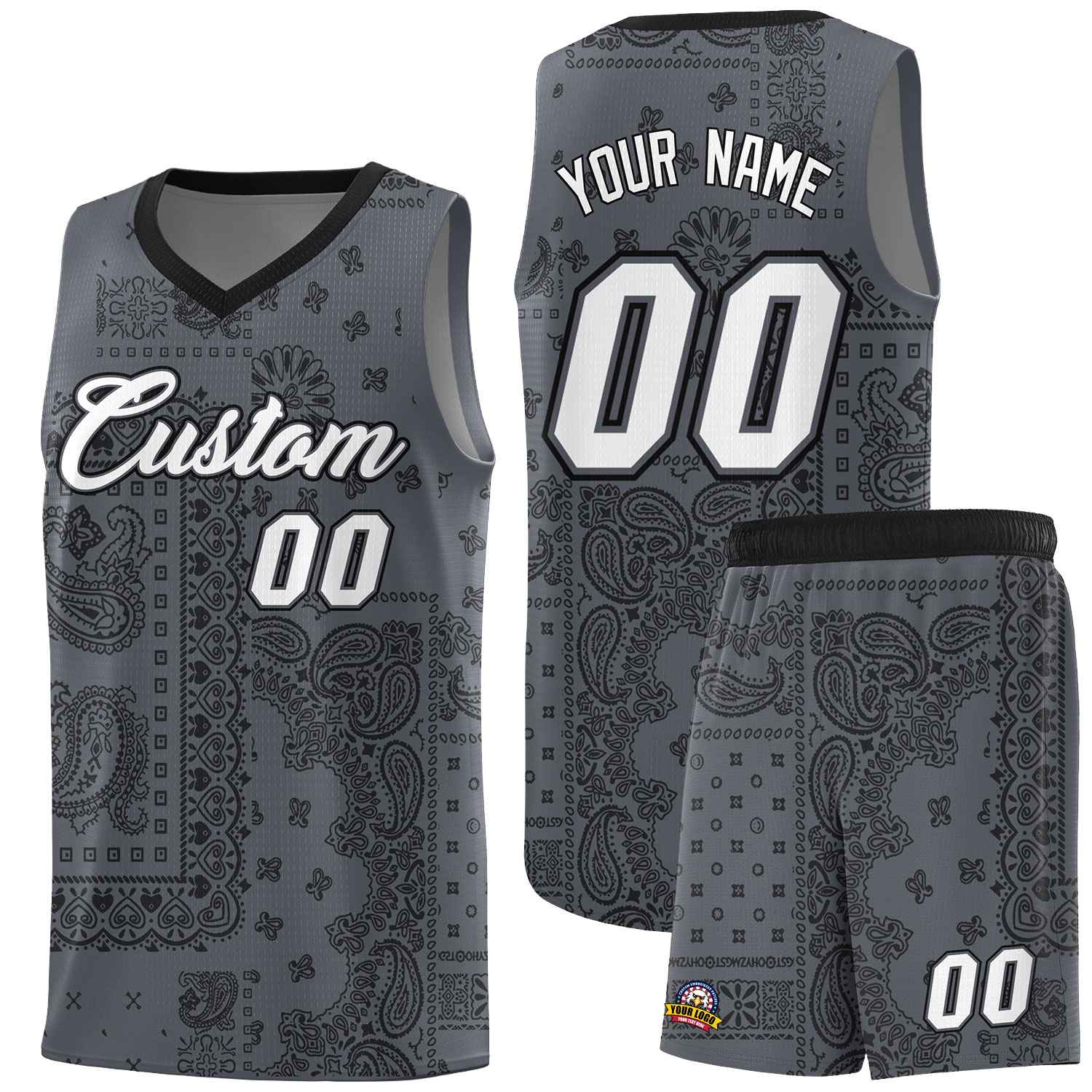Custom Gray Basketball Kits With Black Cashew Flower Print Pattern