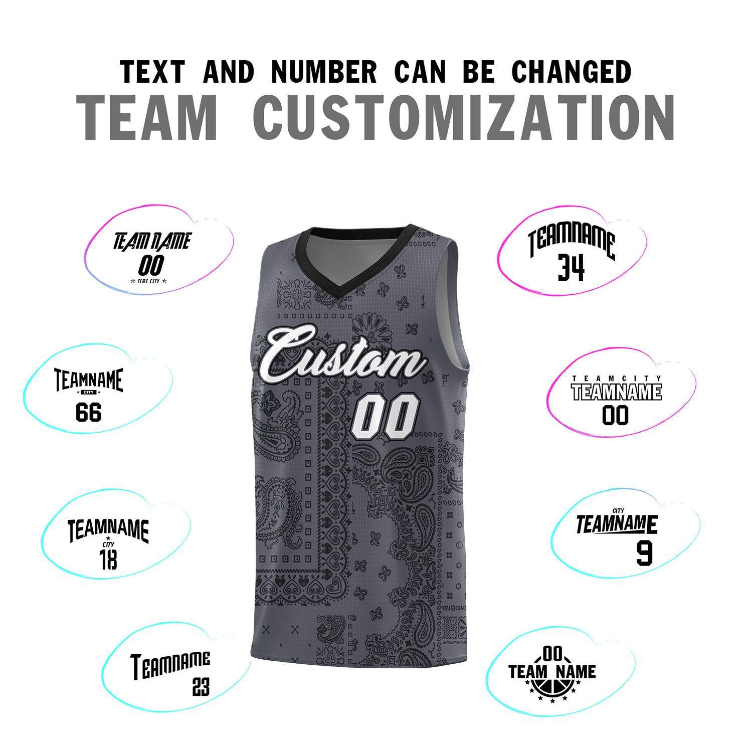 Custom Gray Basketball Kits With Black Cashew Flower Print Pattern