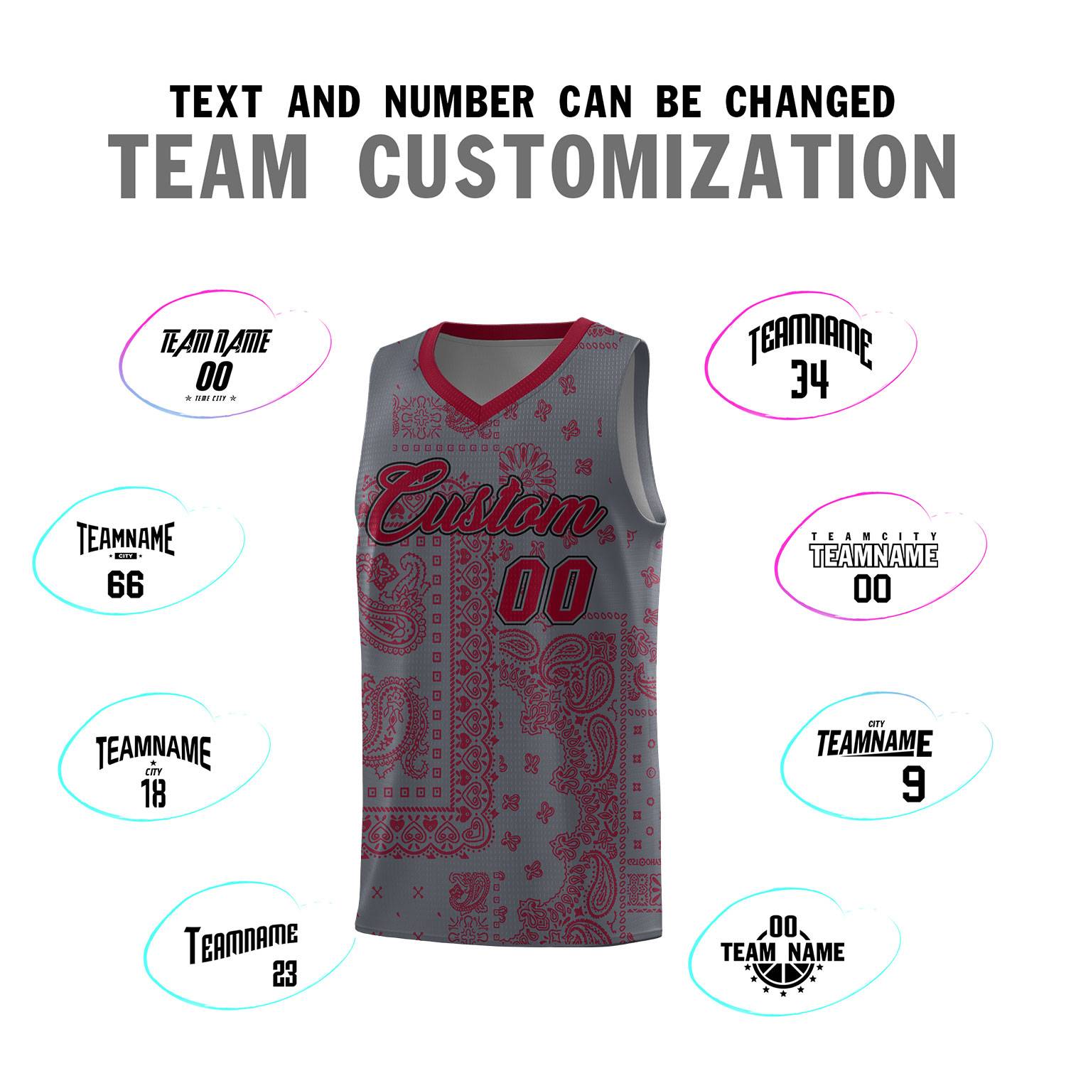 Custom Gray Basketball Kits With Crimson Cashew Flower Print Pattern