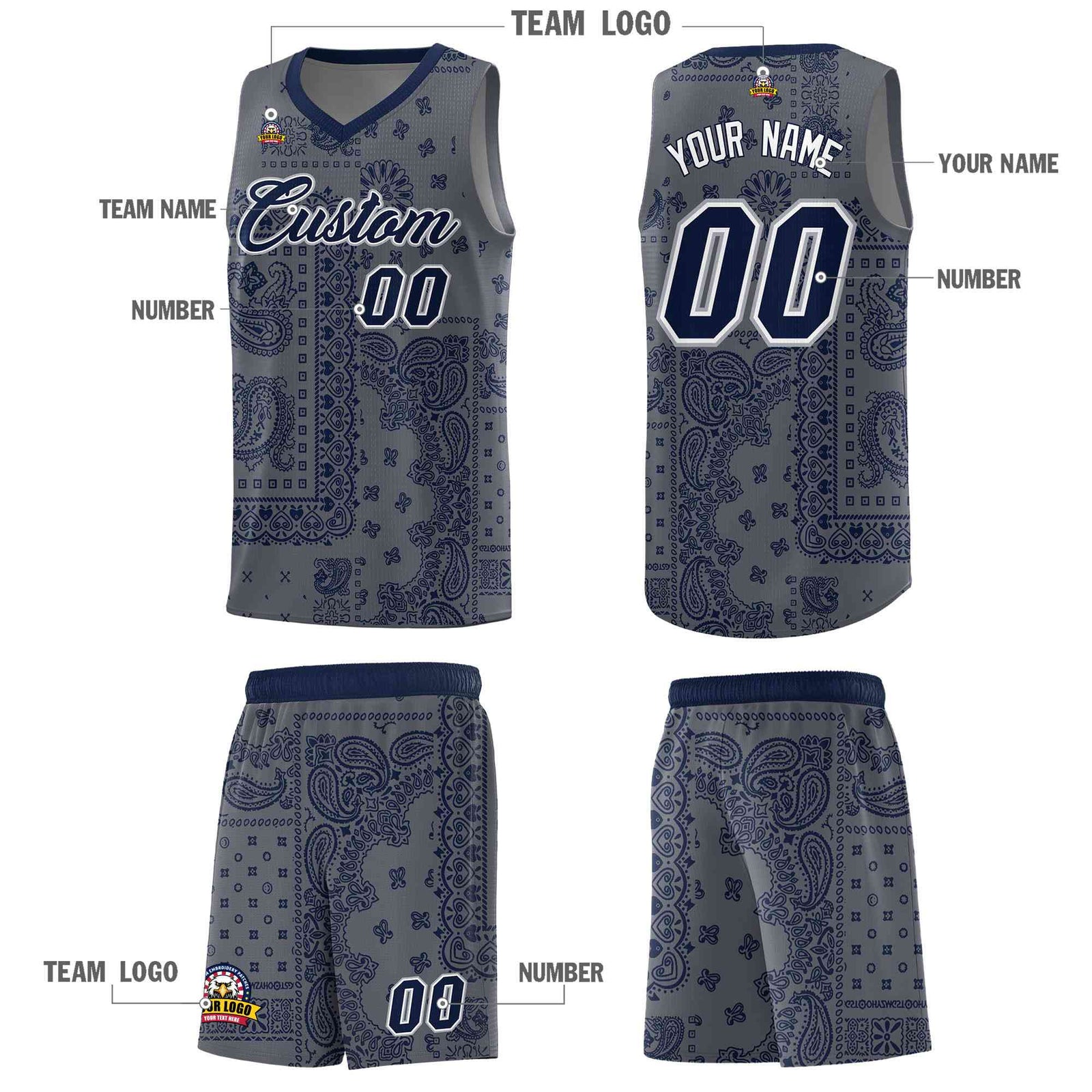 Custom Gray Basketball Kits With Navy Cashew Flower Print Pattern