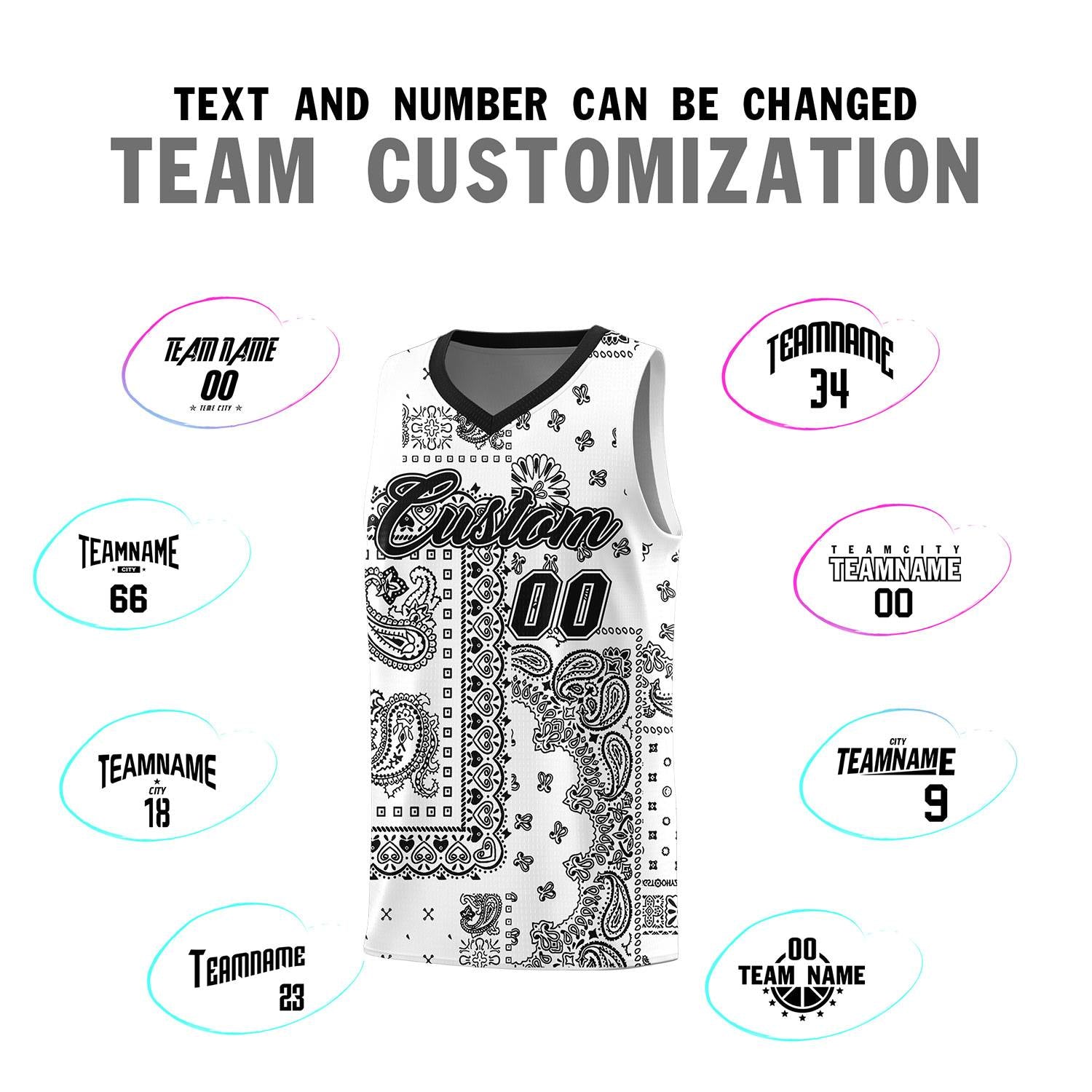 Custom White Basketball Kits With Black Cashew Flower Print Pattern