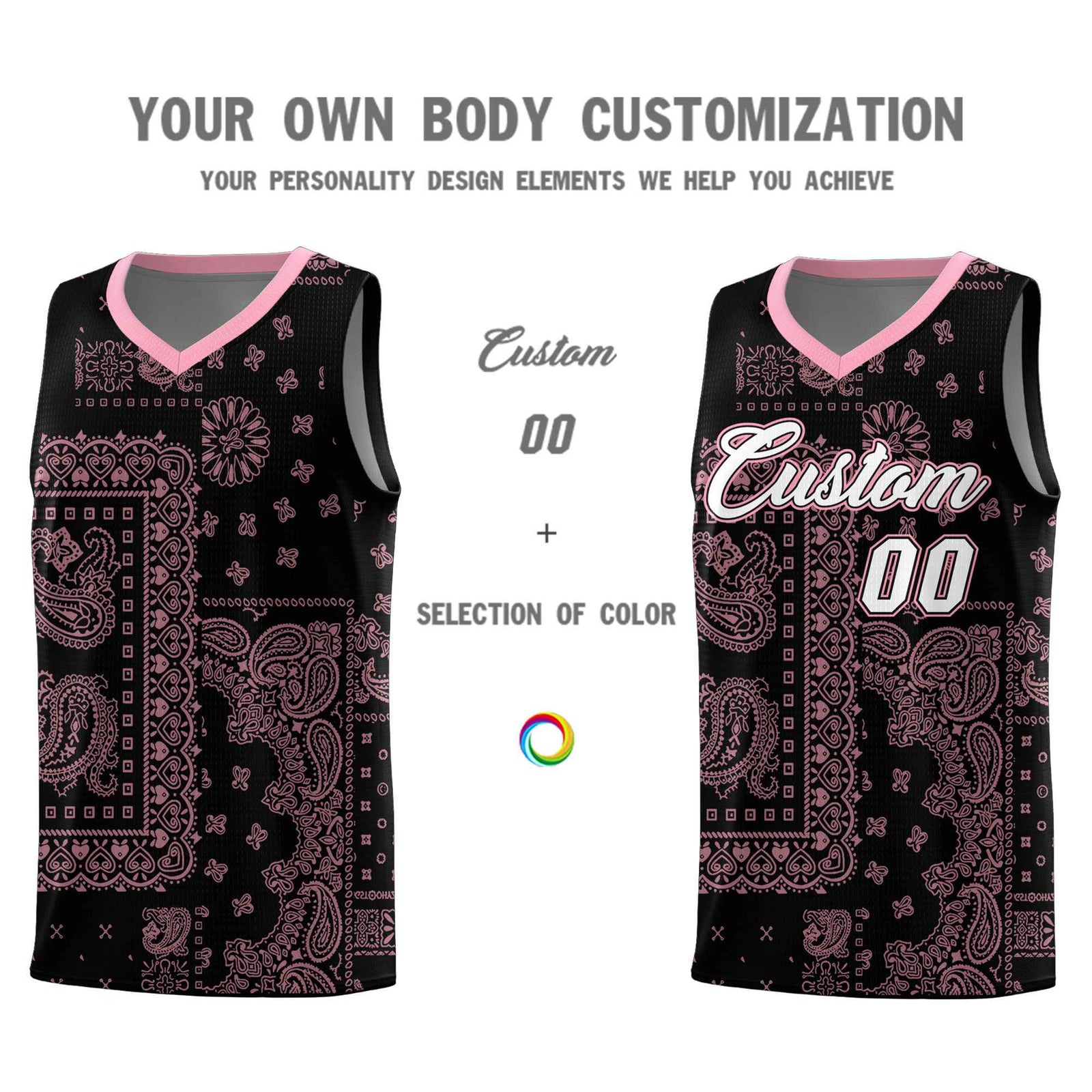 Custom Black Basketball Kits With Light Pink Cashew Flower Print Pattern
