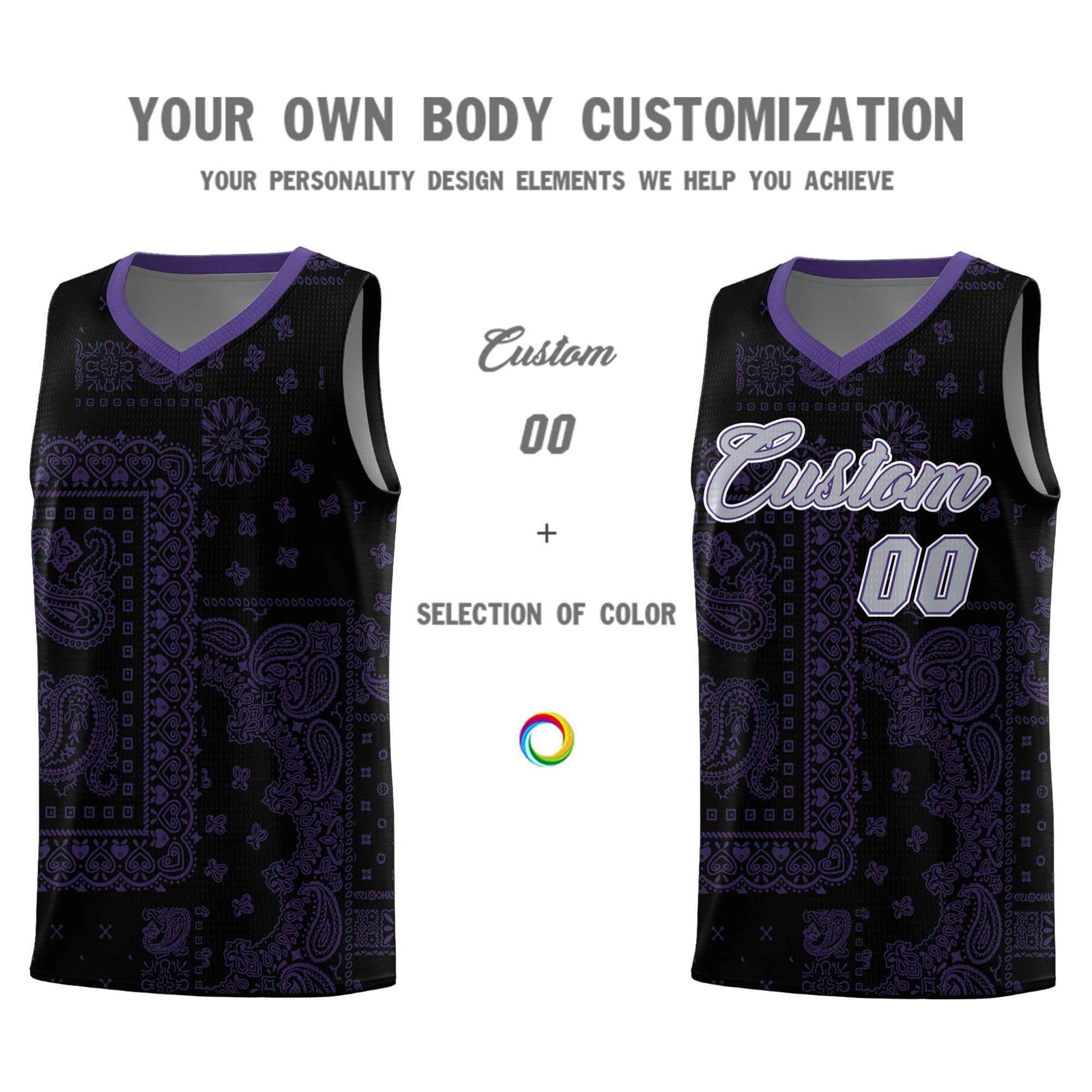 Custom Black Basketball Kits With Purple Cashew Flower Print Pattern