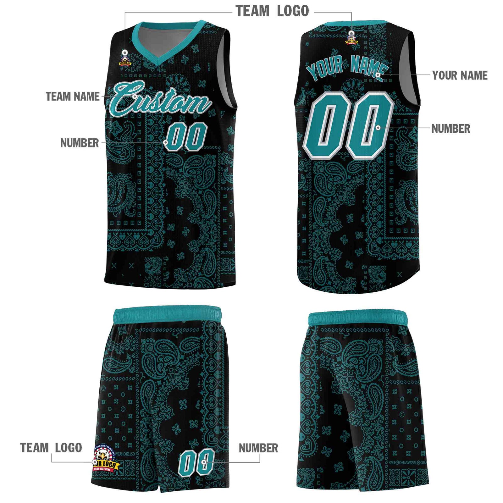 Custom Black Basketball Kits With Aqua Cashew Flower Print Pattern