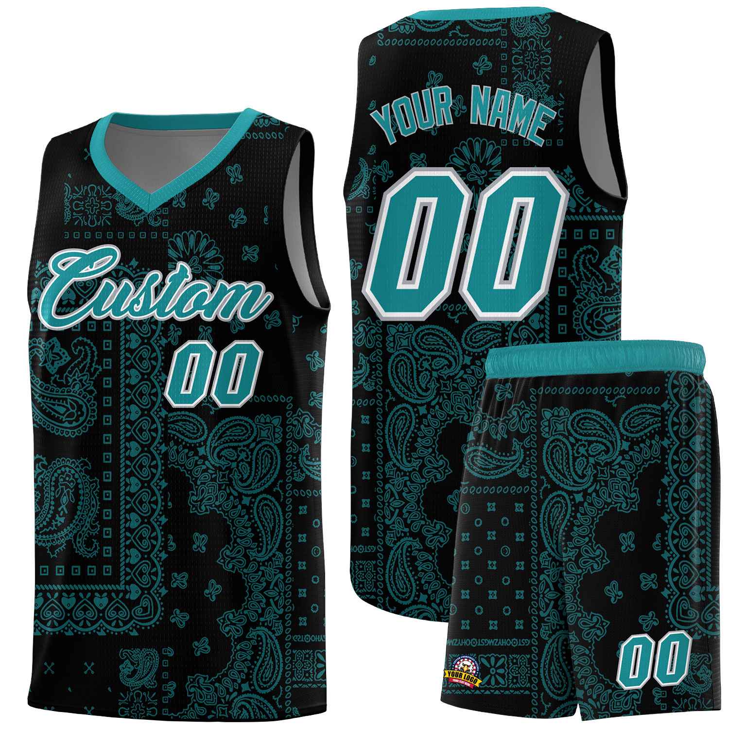 Custom Black Basketball Kits With Aqua Cashew Flower Print Pattern