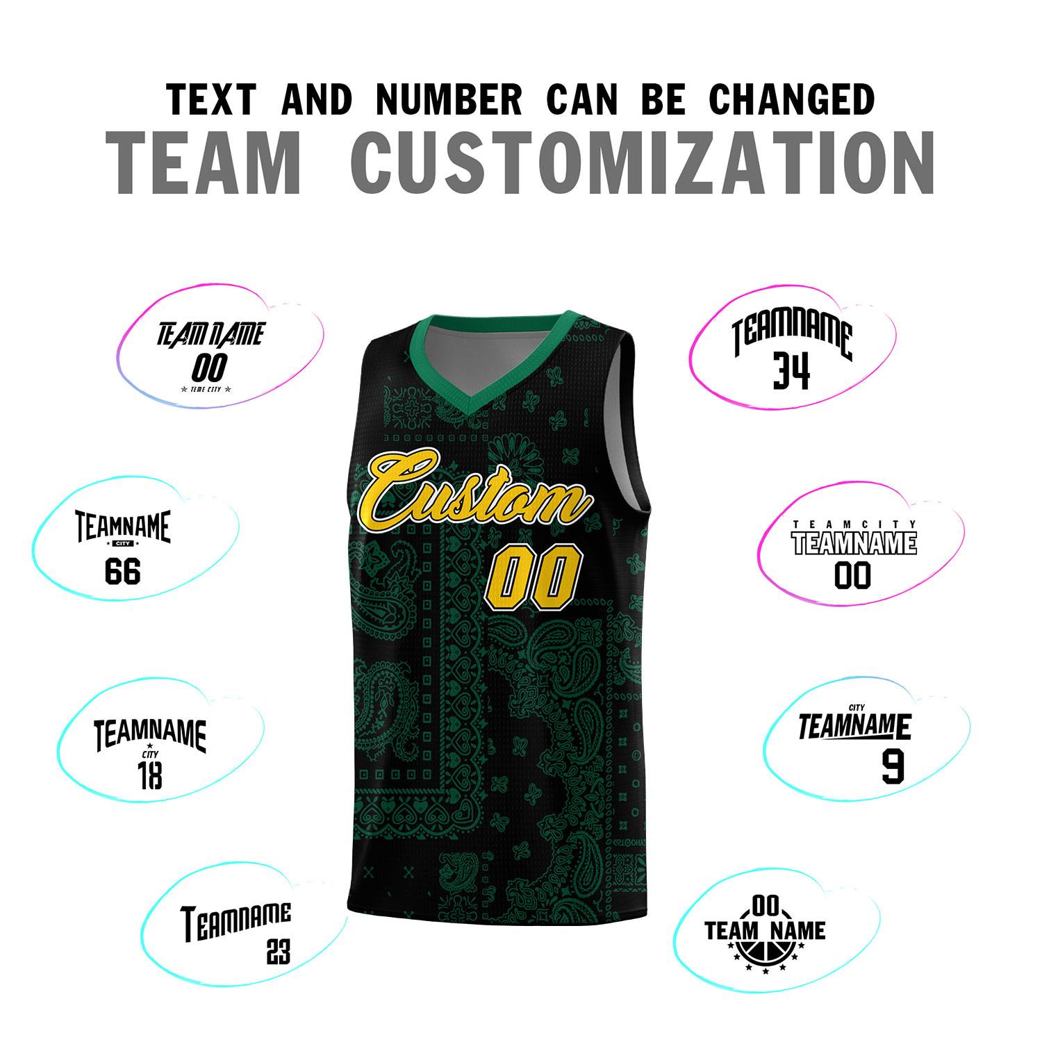 Custom Black Basketball Kits With Kelly Green Cashew Flower Print Pattern